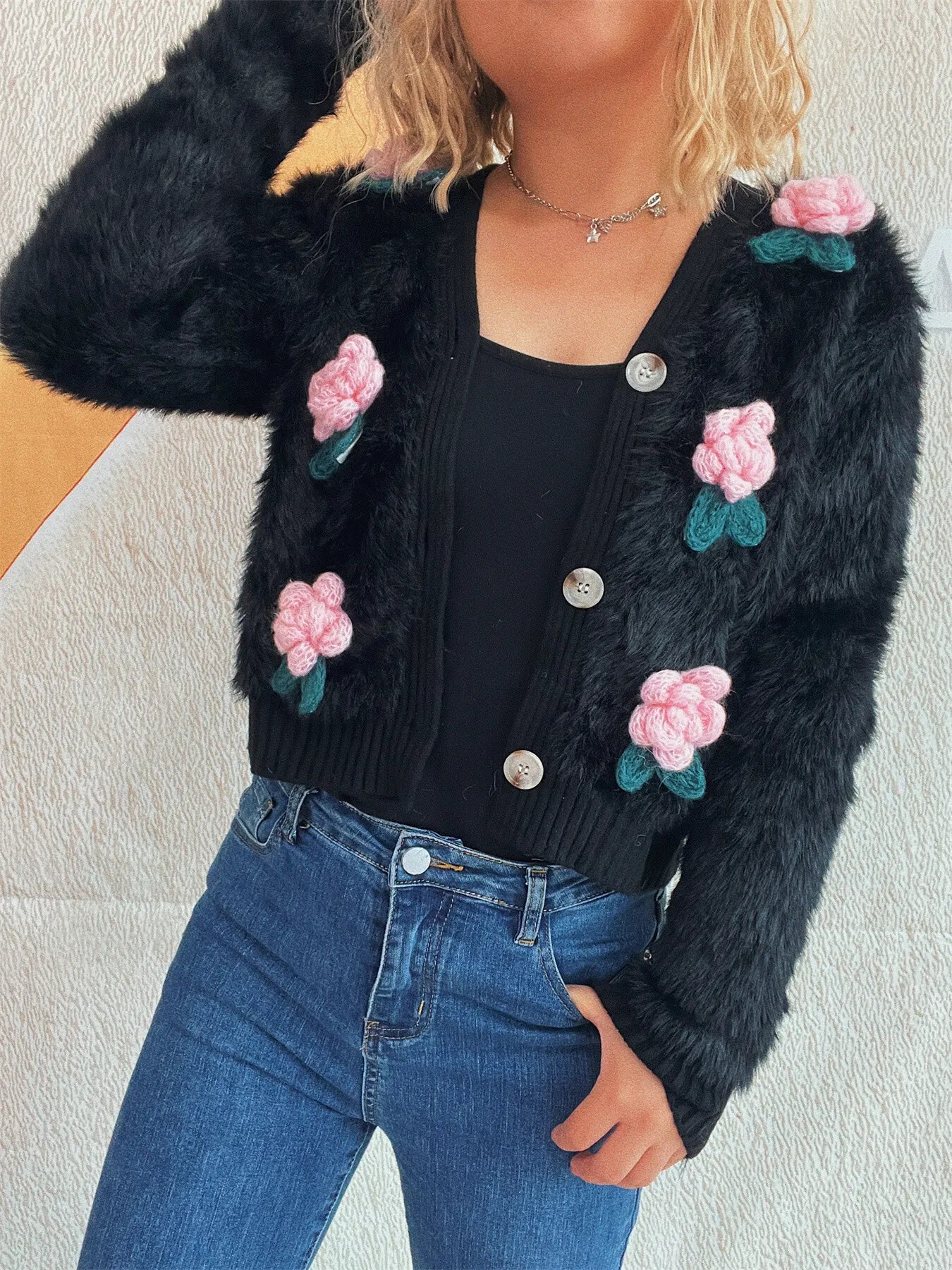 Flower Fuzzy Button-Up Cardigan Black One Size Easy Apparels