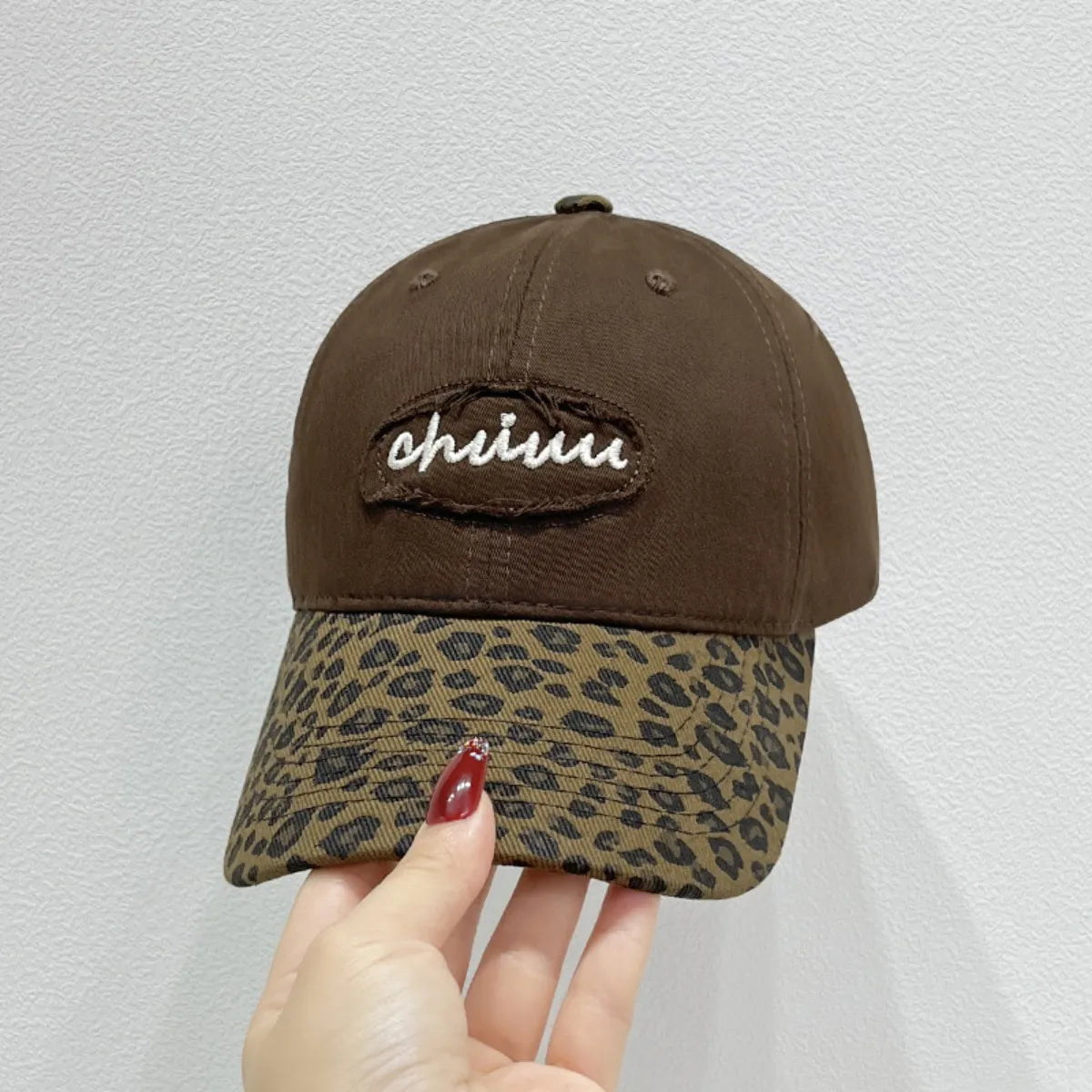 Leopard Print Baseball Cap with Embroidered Letter Brown One Size Easy Apparels