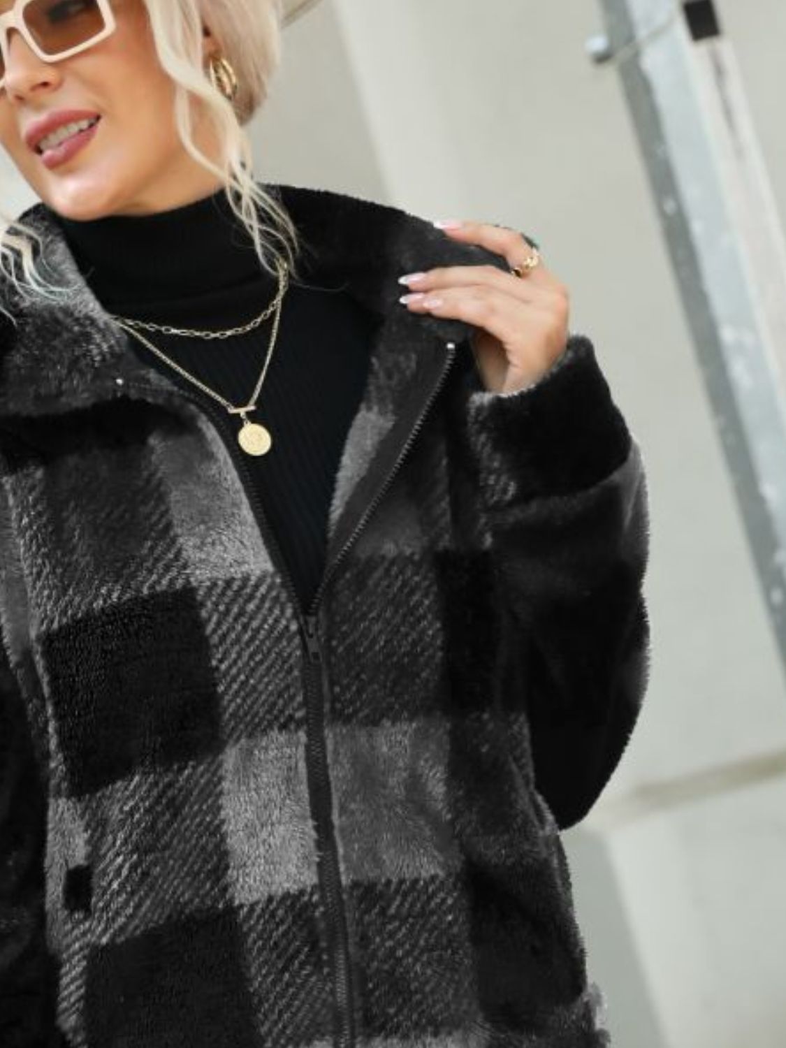 Plaid Zip-Up Collared Jacket Easy Apparels