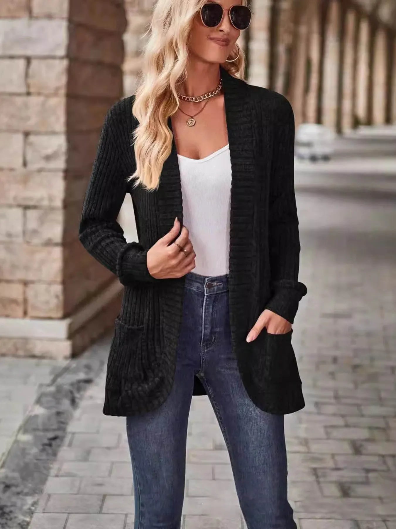 Ribbed Open Front Long Cardigan with Pockets Easy Apparels