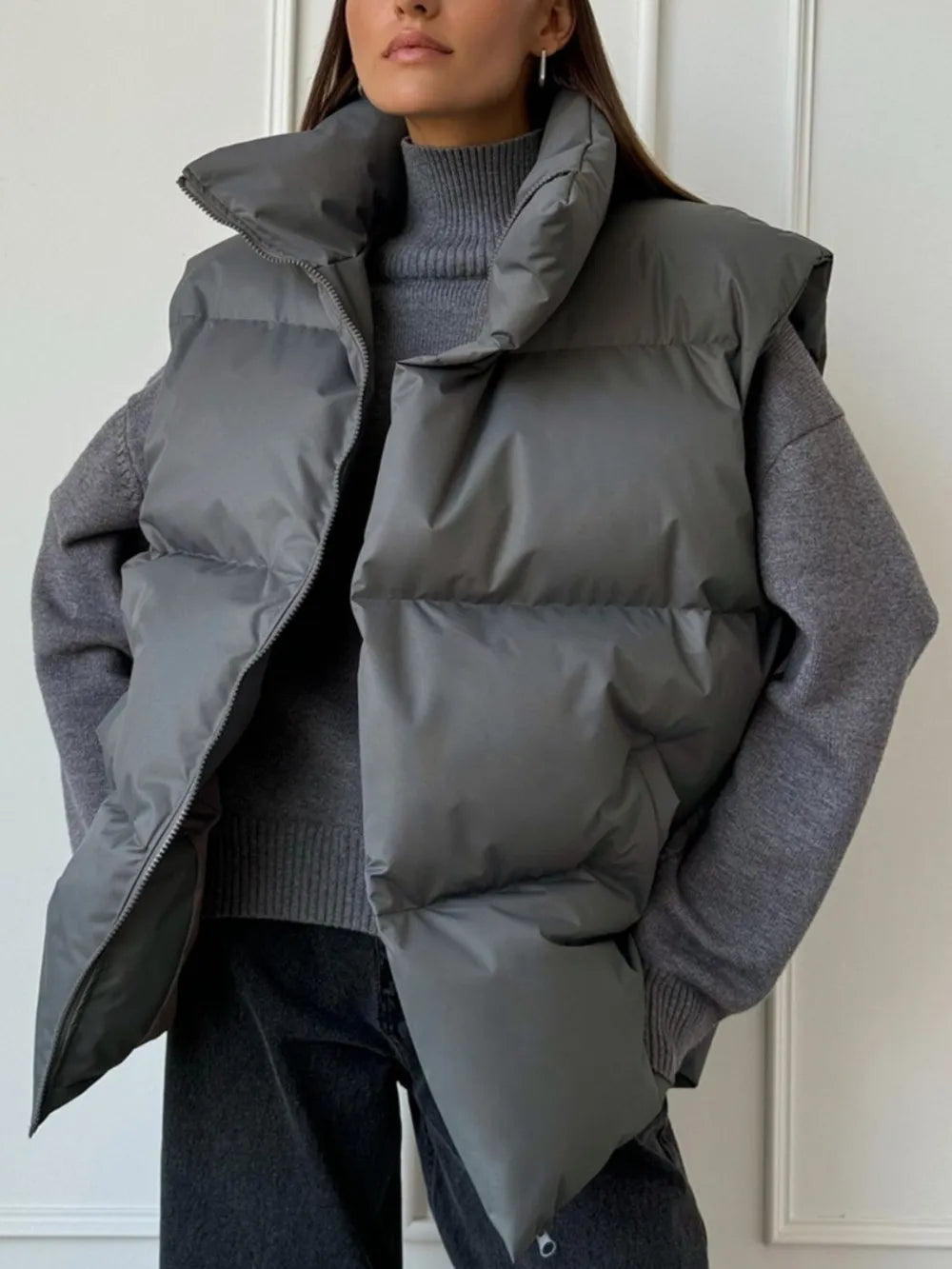 Zip Up Turtleneck Vest Coat Dark Gray Easy Apparels