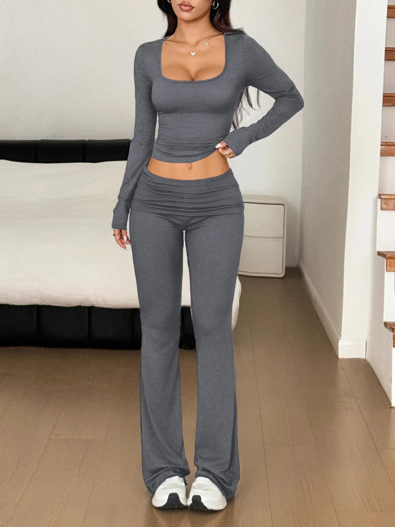 Long Sleeve Crop Top and Bootcut Pants Set Easy Apparels