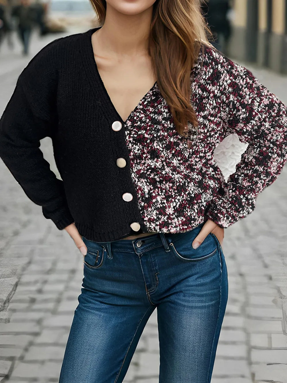 Contrast Button Up V-Neck Cropped Cardigan Black One Size Easy Apparels