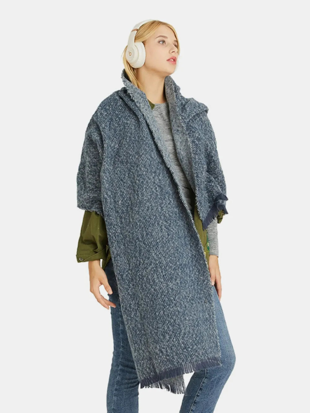 Raw Hem Heathered Polyester Scarf Navy One Size Easy Apparels