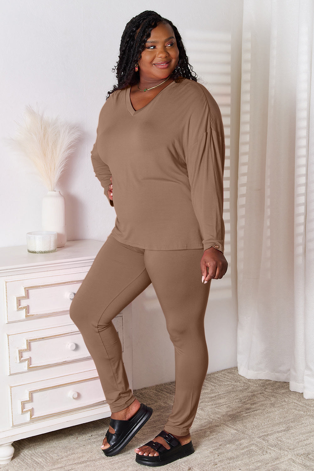 Basic Bae Full Size V-Neck Soft Rayon Long Sleeve Top and Pants Lounge Set Easy Apparels