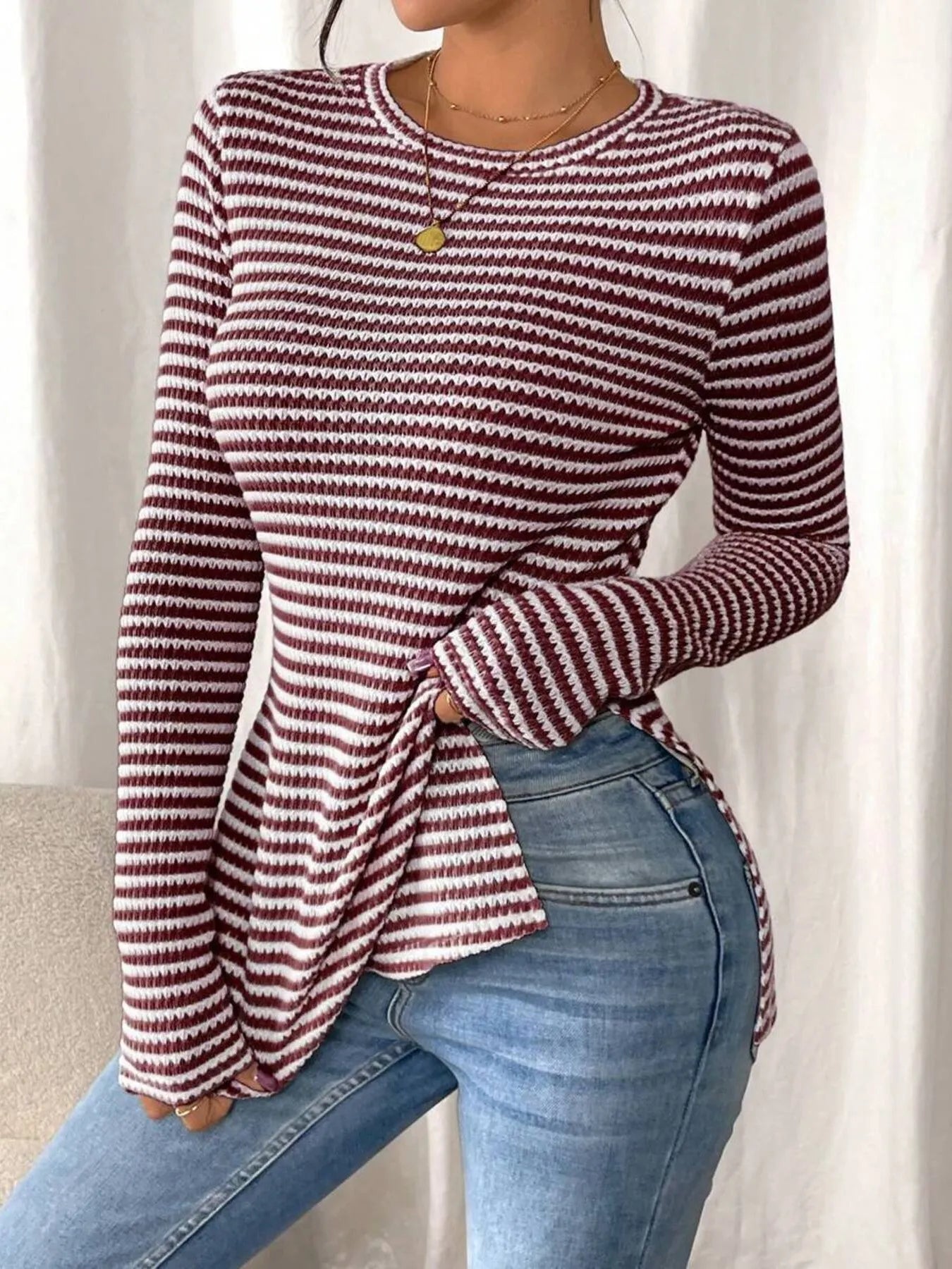 Trendsi Side Slit Striped Long Sleeve T-Shirt Burgundy
