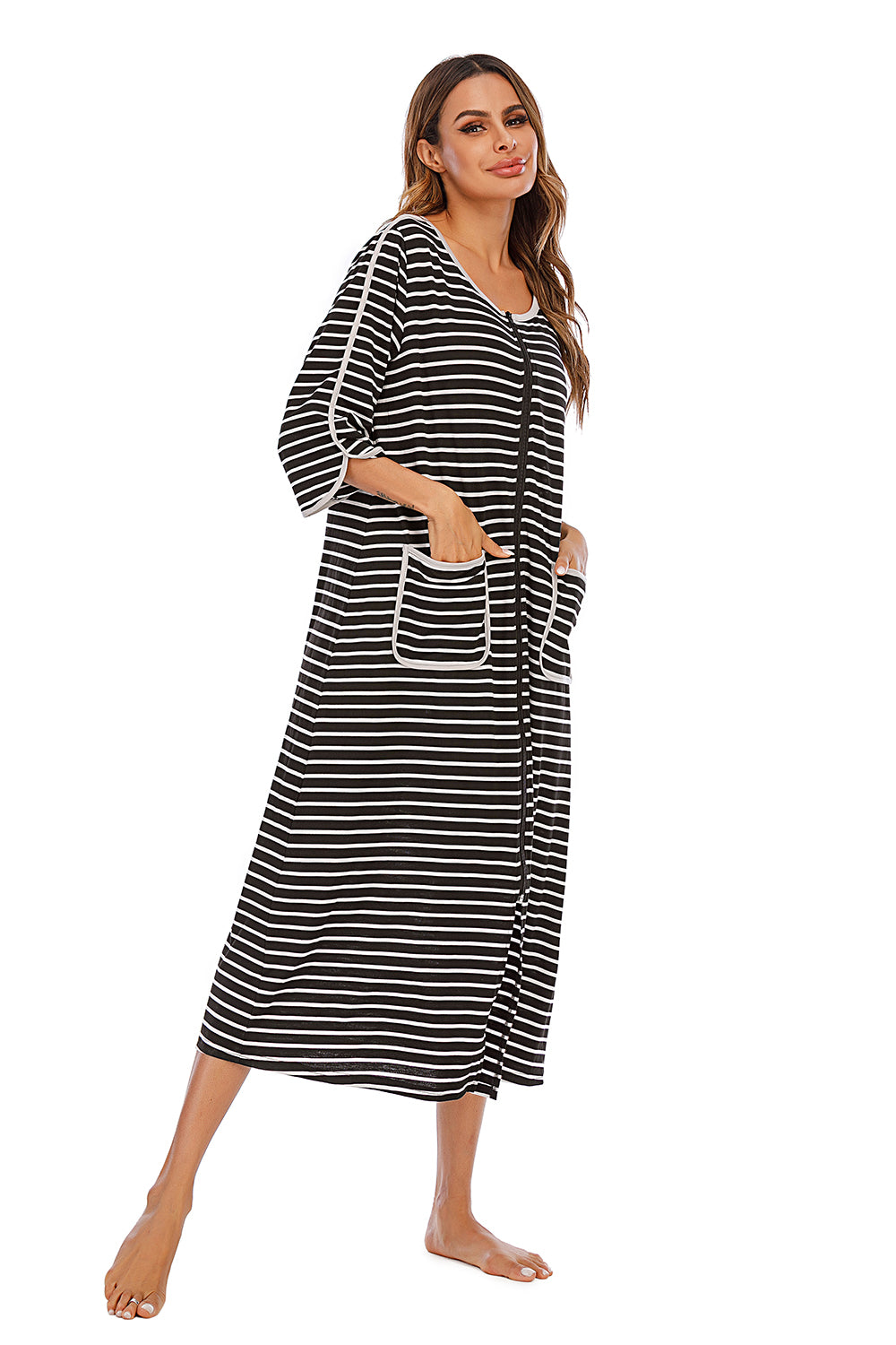 Round Neck Three-Quarter Sleeve Midi Night Dress Easy Apparels