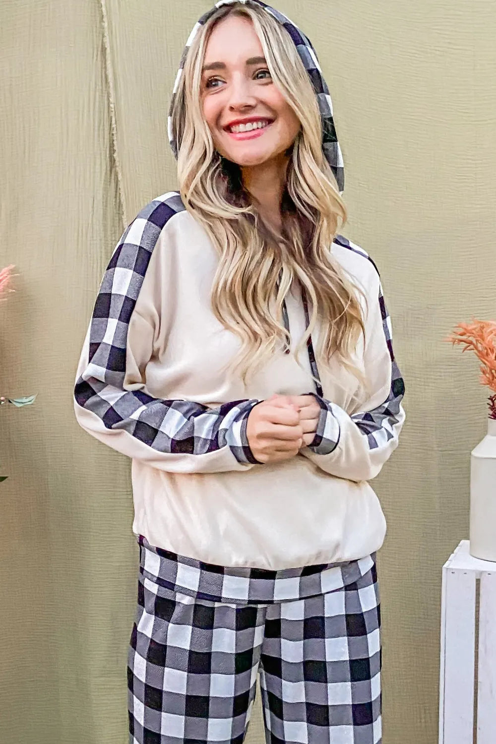 And The Why Drawstring Hooded Top and Plaid Pants Lounge Set Easy Apparels