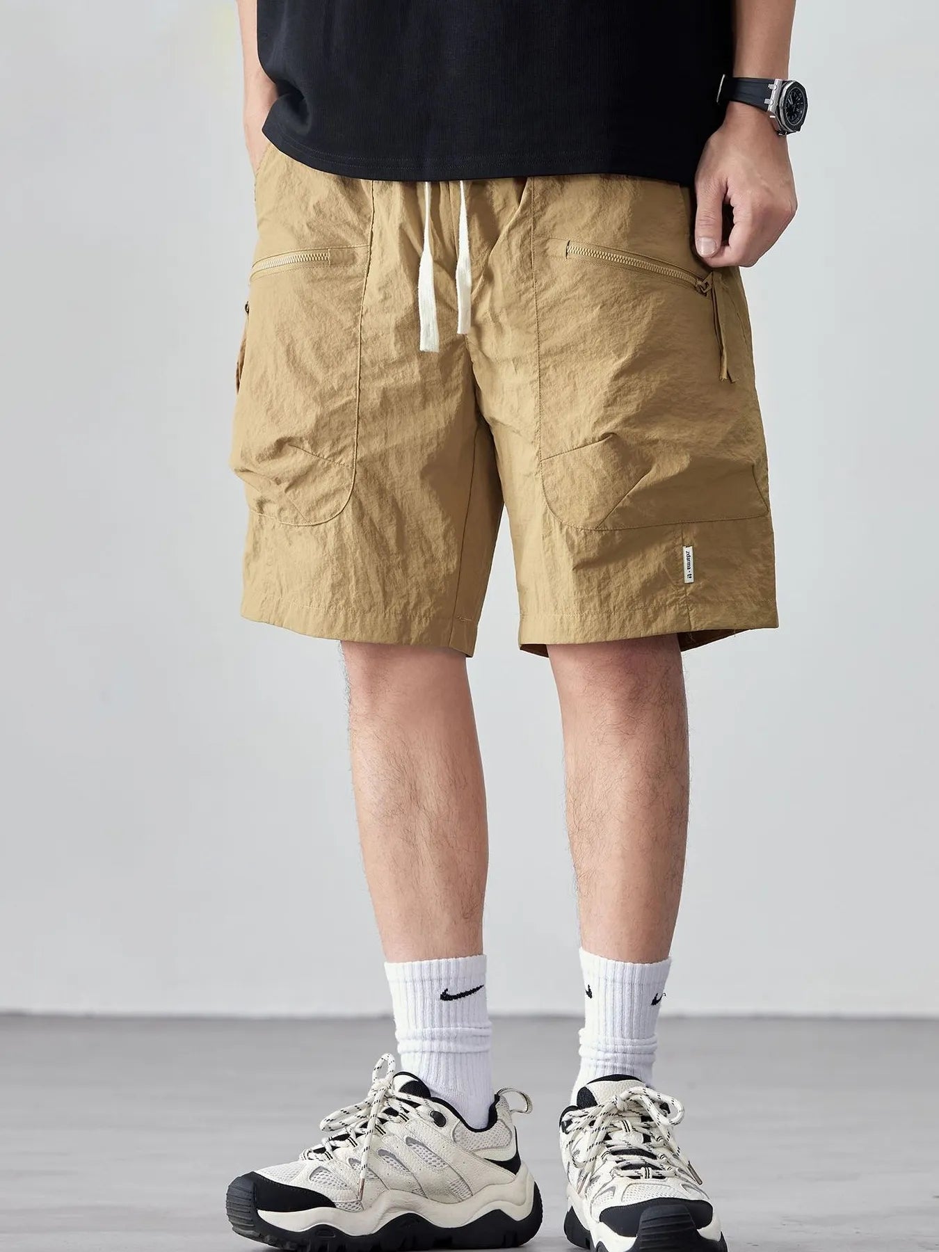 Men's Plus Size Drawstring Cargo Shorts with Multiple Pockets Khaki Easy Apparels