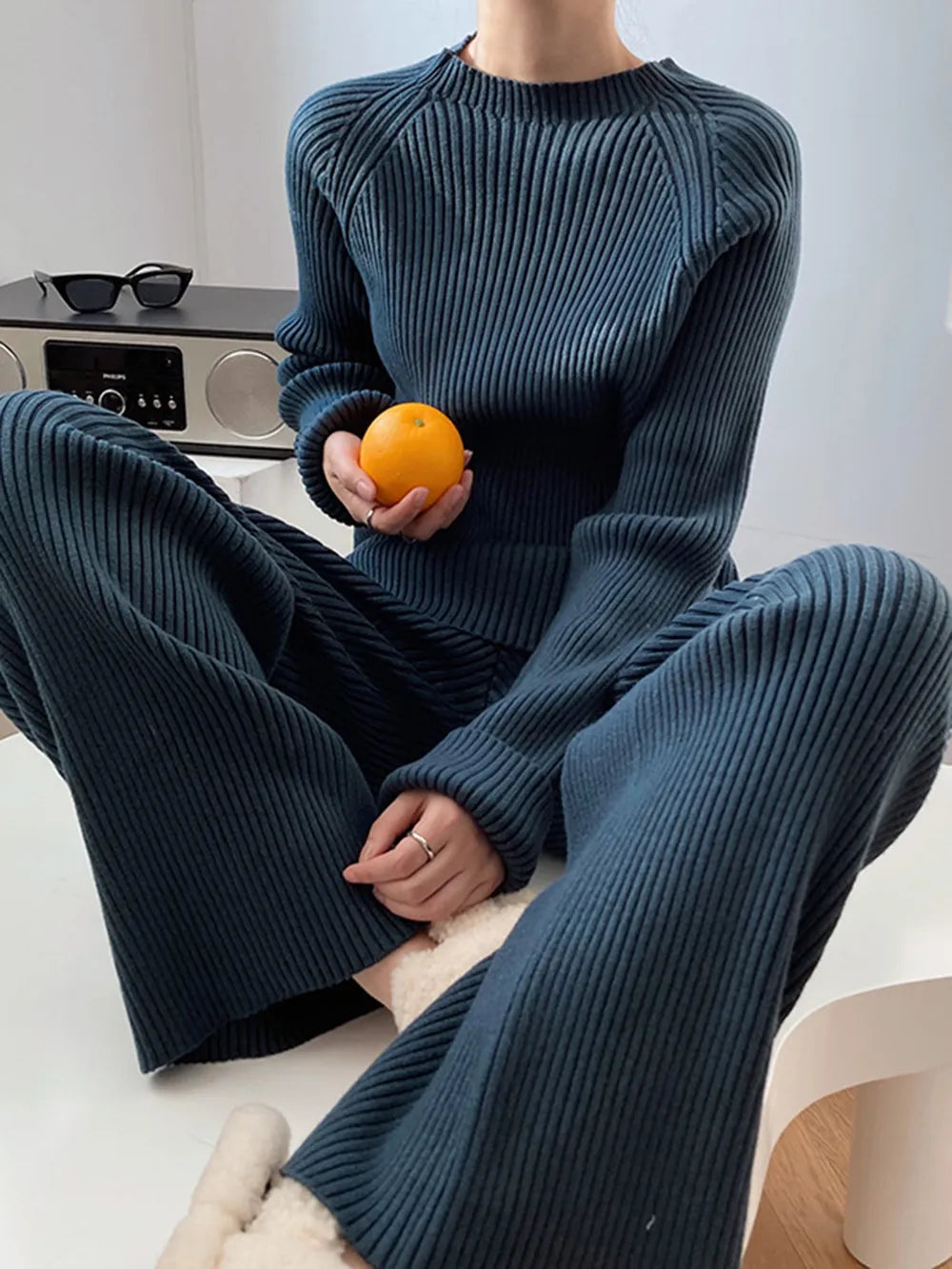 Mock Neck Raglan Sleeve Top and Pants Sweater Set Easy Apparels