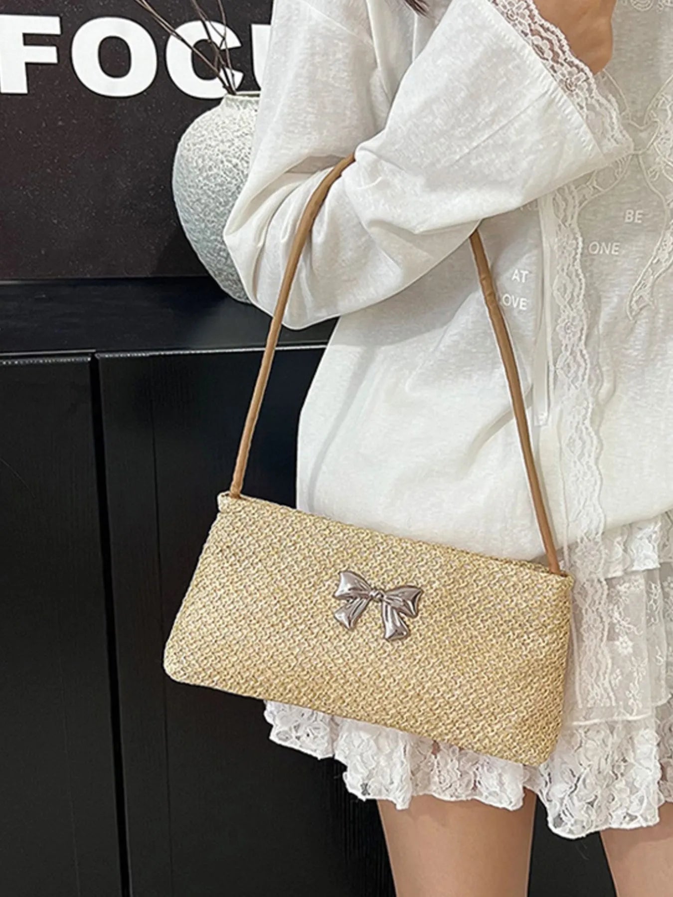 Woven Straw Shoulder Bag with Bow Detail Easy Apparels