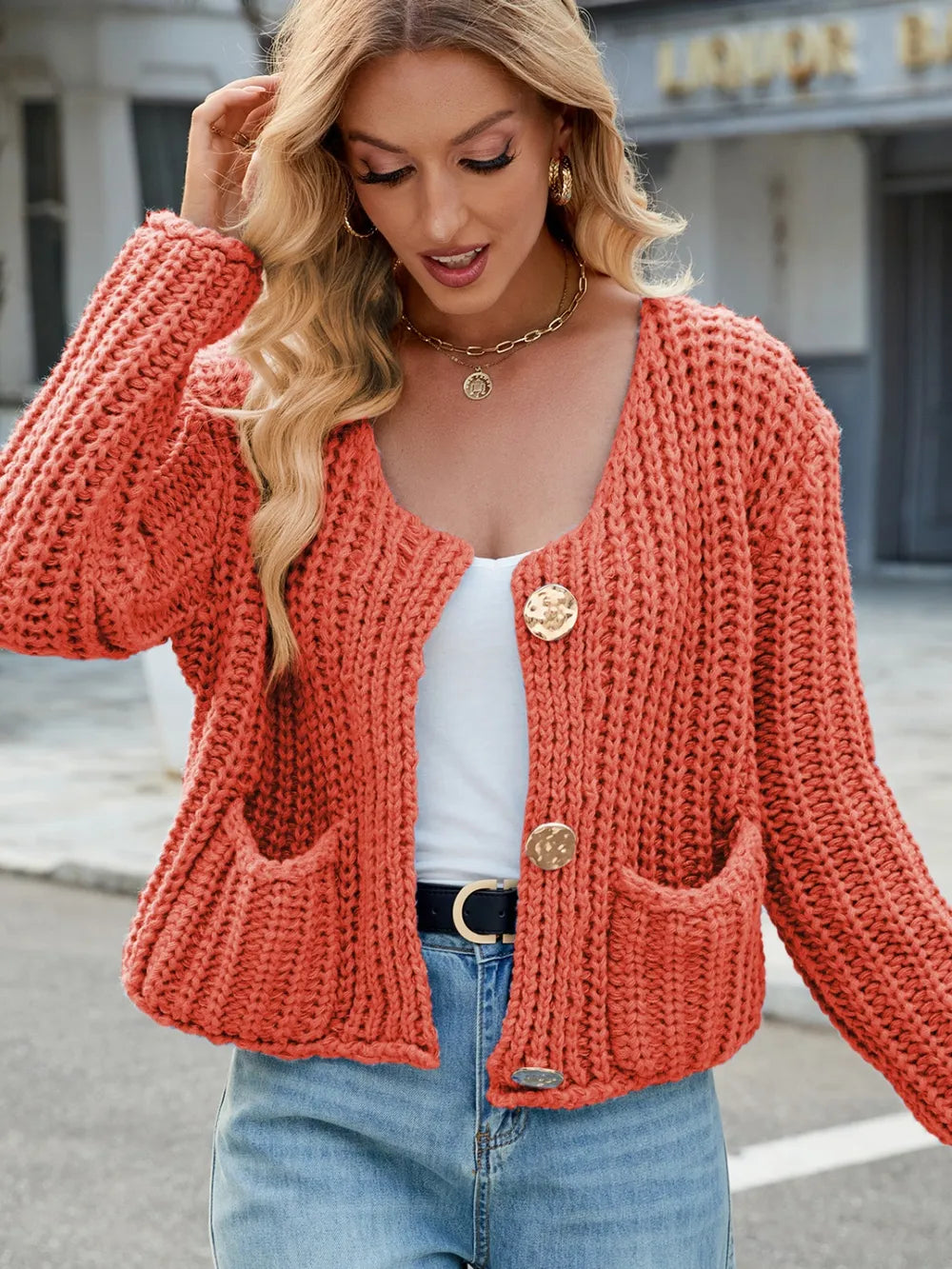 Round Neck Button Up Cardigan with Pockets Easy Apparels