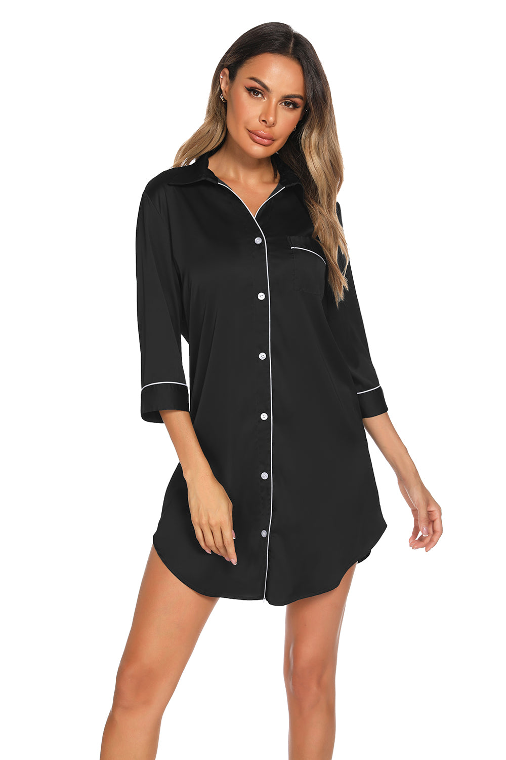 Button Up Collared Neck Night Dress with Pocket Easy Apparels