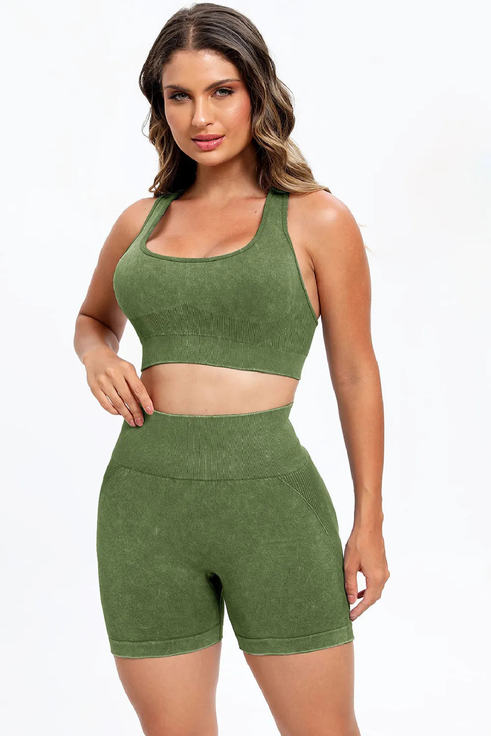 3 Piece Washed Square Neck Wide Strap Active Set Easy Apparels