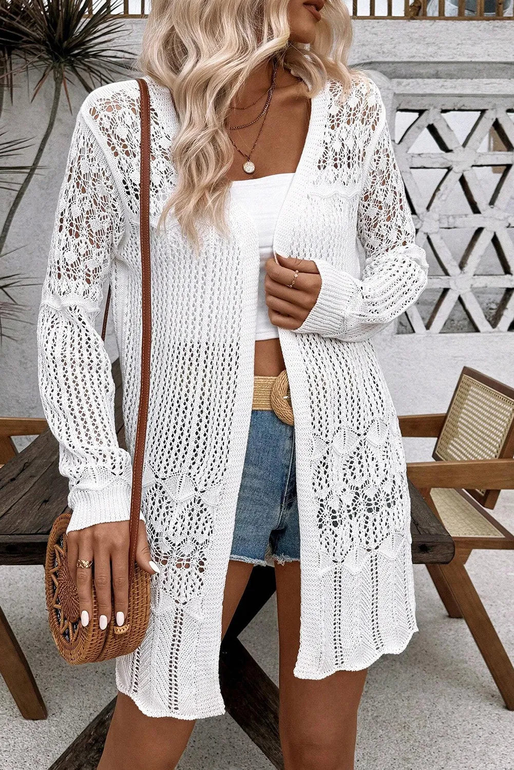 Openwork Open Front Long Sleeve Cardigan Easy Apparels