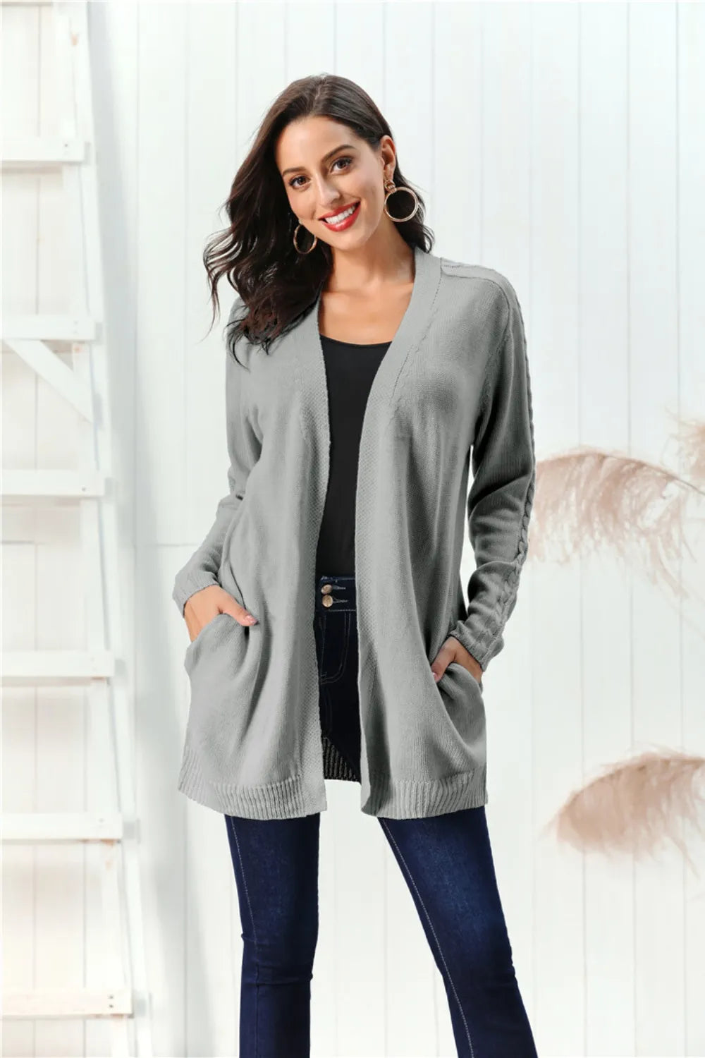 Cable-Knit Open Front Long Sleeve Cardigan Easy Apparels