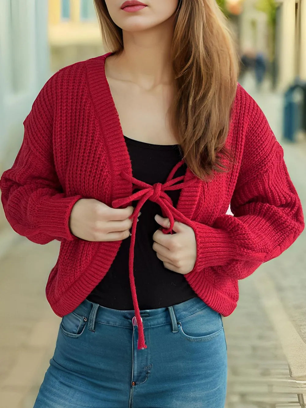 Tied Dropped Shoulder Long Sleeve Cardigan Scarlet One Size Easy Apparels