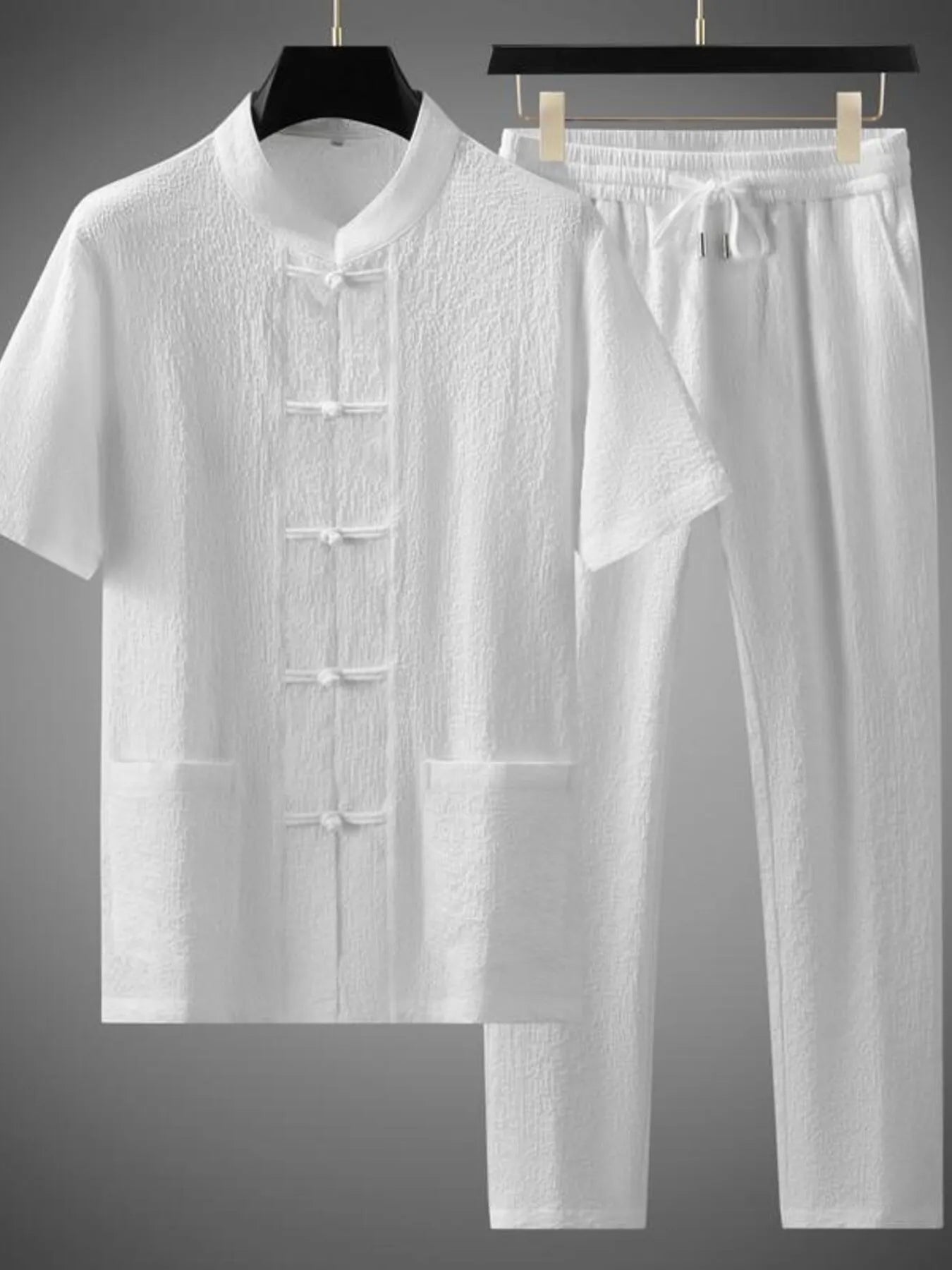Men's Plus Size Button Up Short Sleeve Top and Pants Set White Suit Easy Apparels