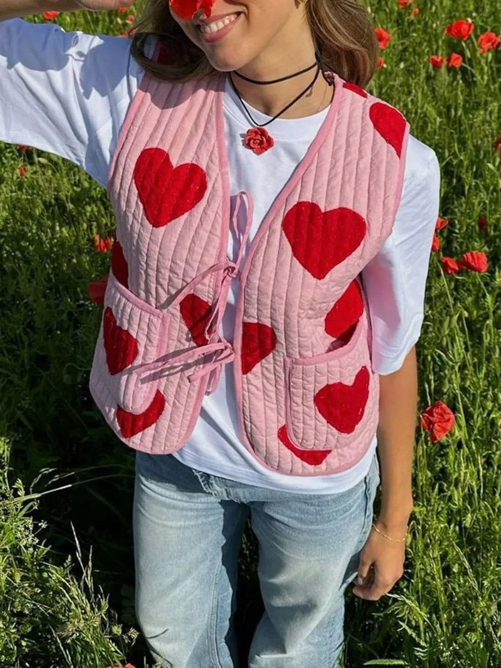 Tied Heart Vest with Pockets Blush Pink Easy Apparels