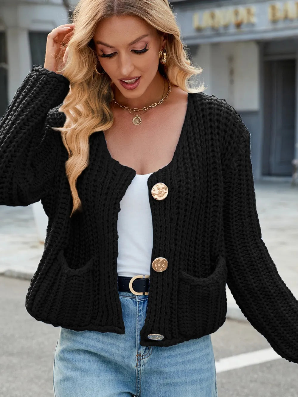 Round Neck Button Up Cardigan with Pockets Easy Apparels