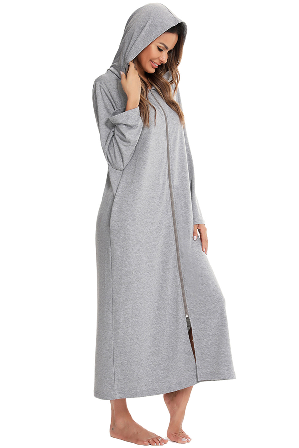 Zip Front Hooded Night Dress with Pockets Easy Apparels
