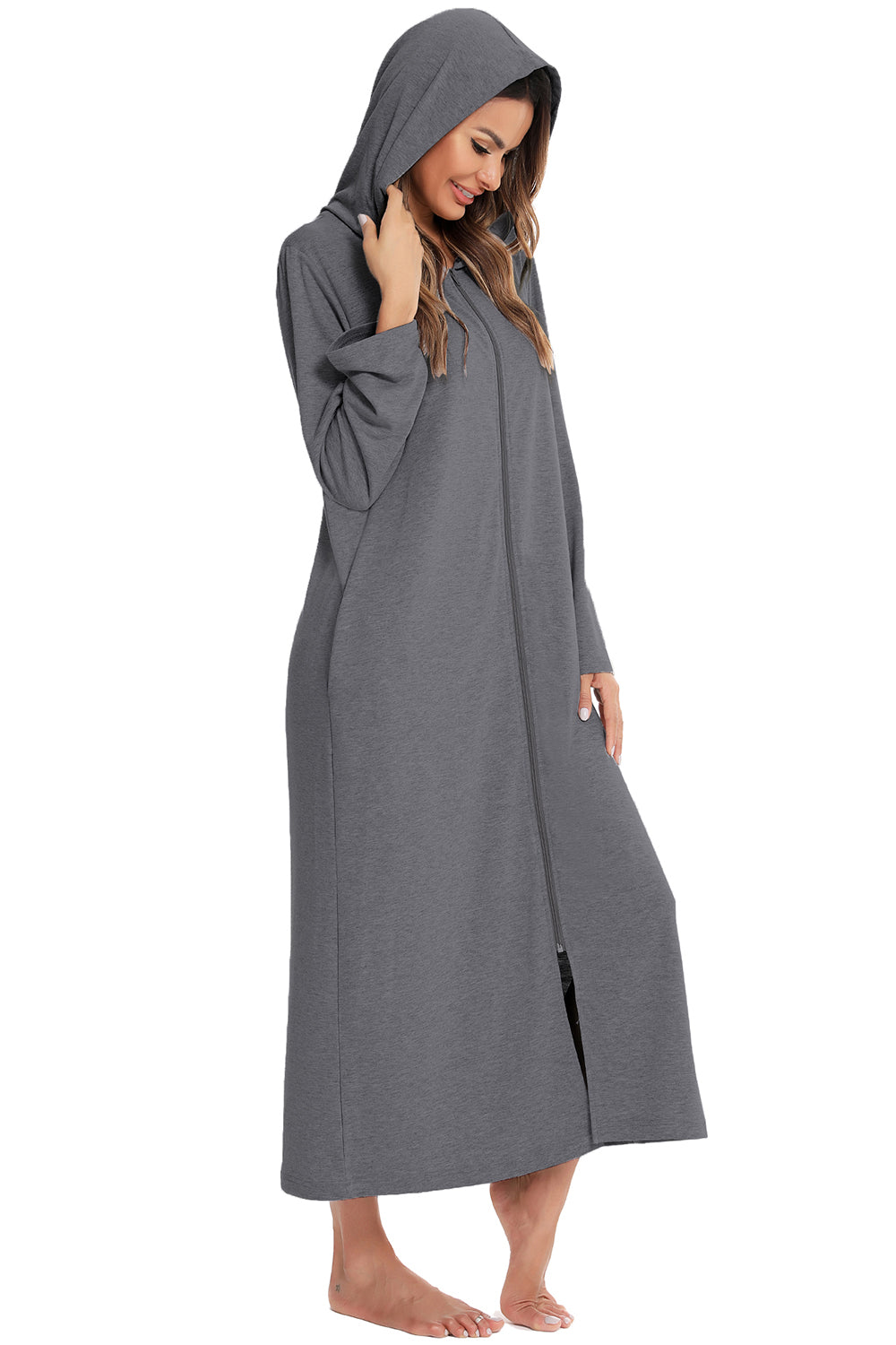 Zip Front Hooded Night Dress with Pockets Easy Apparels