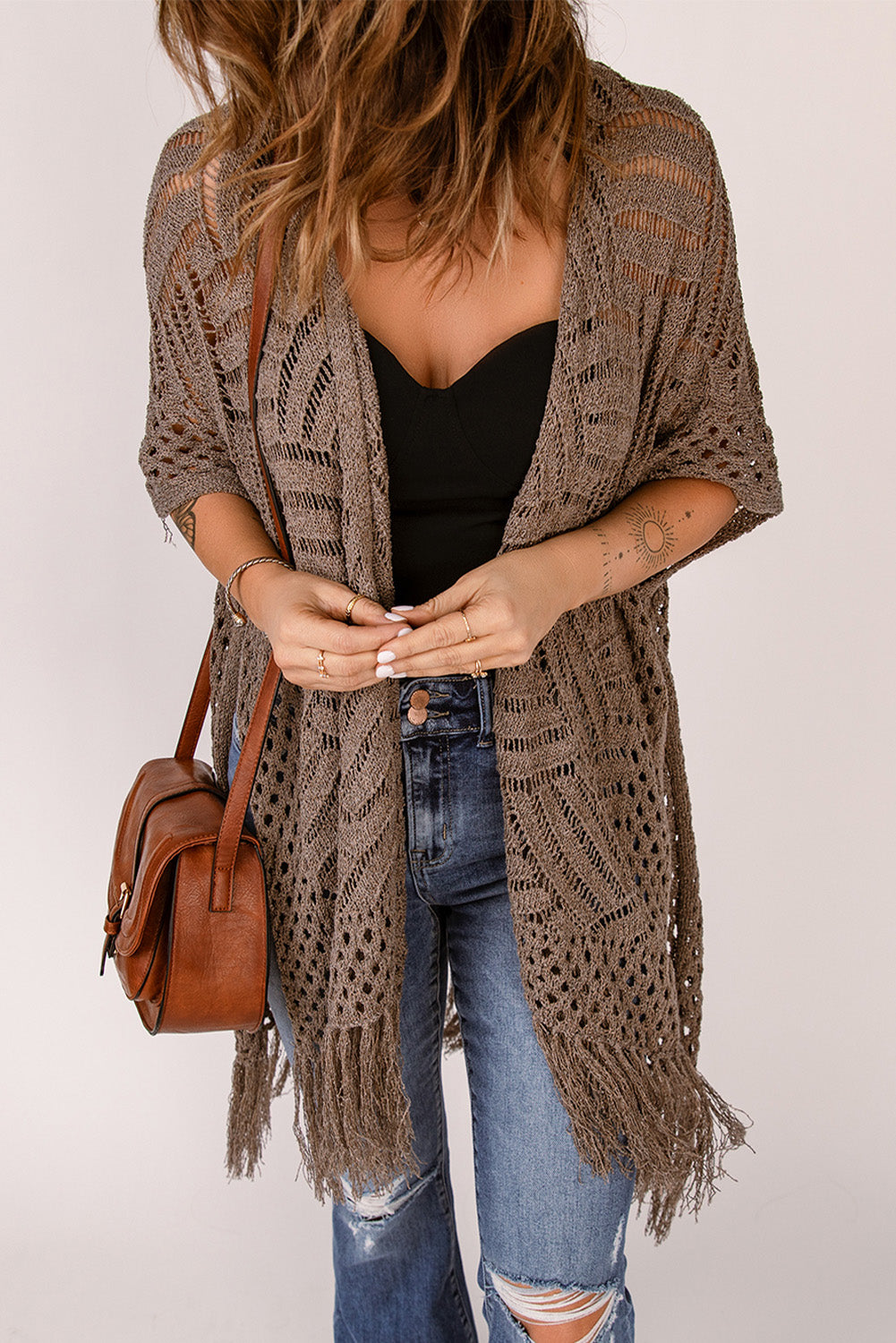 Fringe Hem Slit Open Front Cardigan Easy Apparels