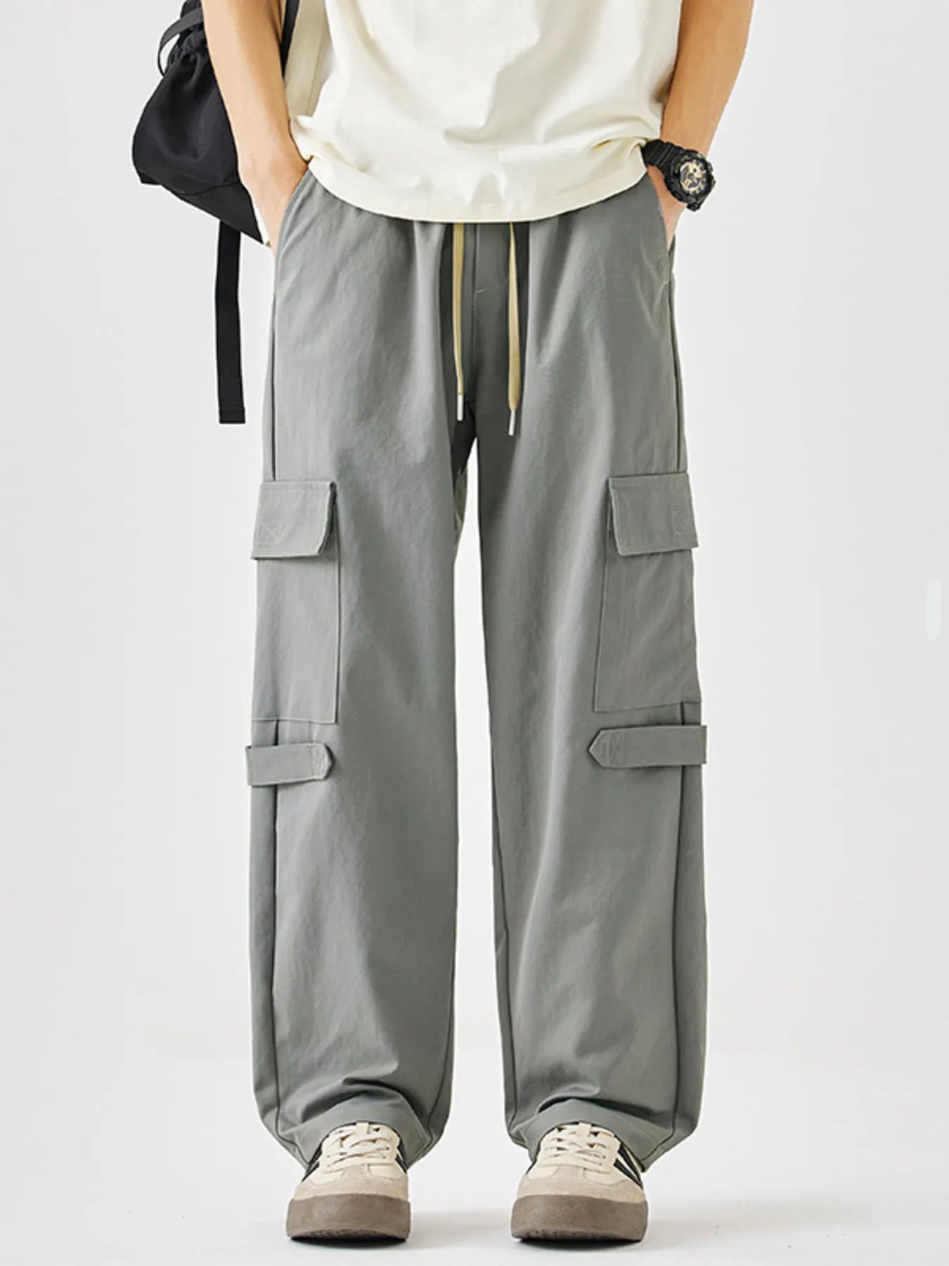Men's Plus Size Multi-Pocket Cargo Utility Pants with Drawstring Waist Silver Gray Easy Apparels
