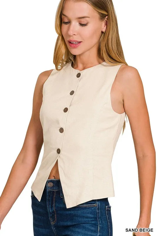 Zenana Linen Button Down Vest Easy Apparels