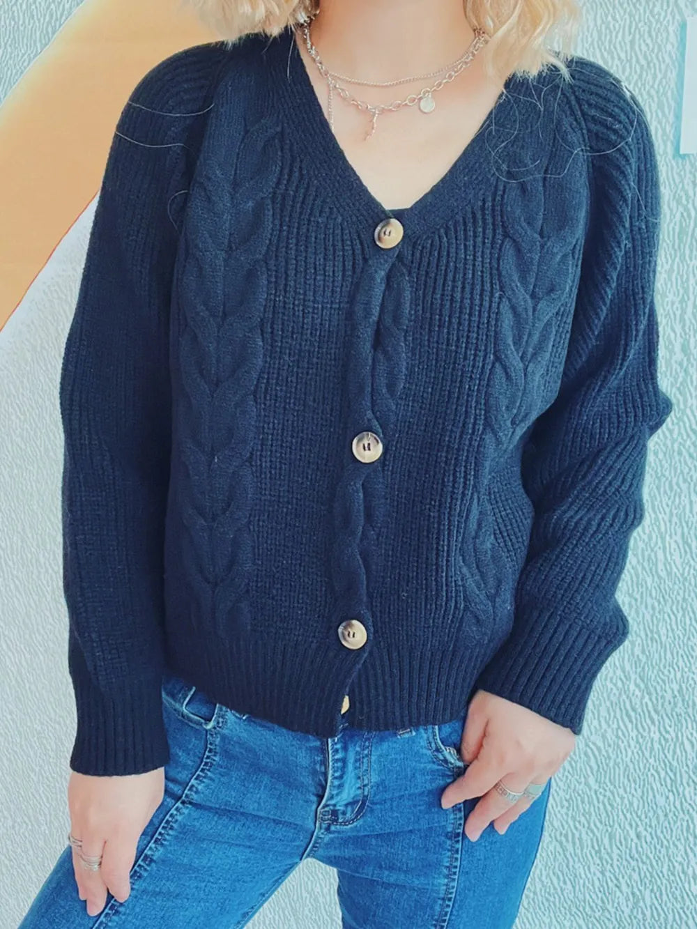 Cable-Knit V-Neck Button Down Long Sleeve Cardigan Black One Size Easy Apparels