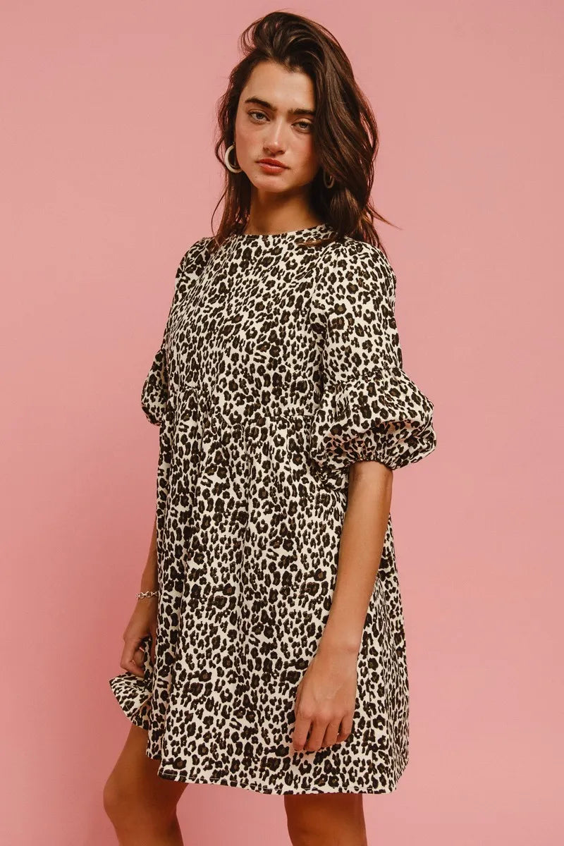 BiBi Leopard Denim Dress With Back Contrast Tie Detail Easy Apparels