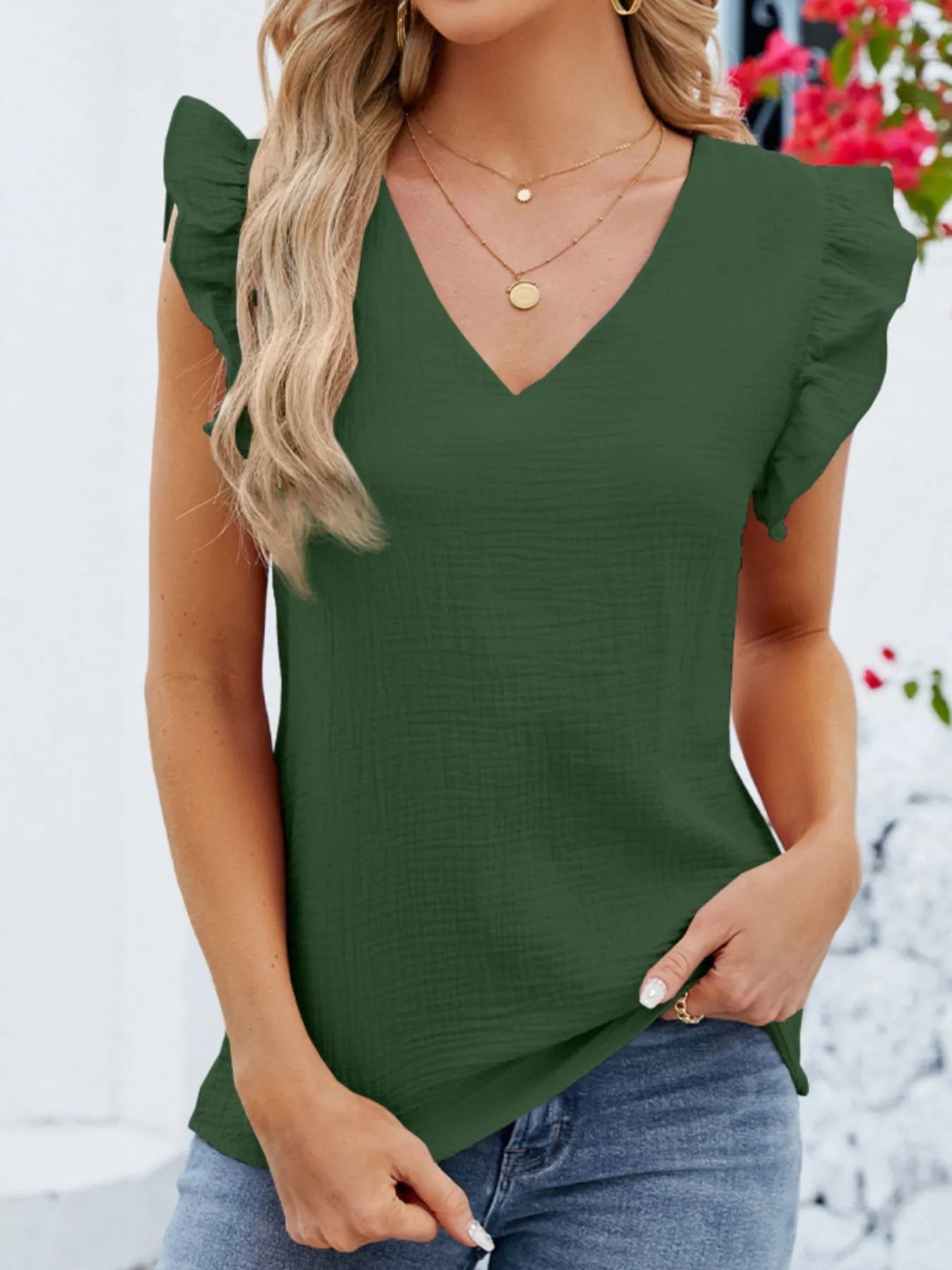 Trendsi V-Neck Ruffled Sleeve Top