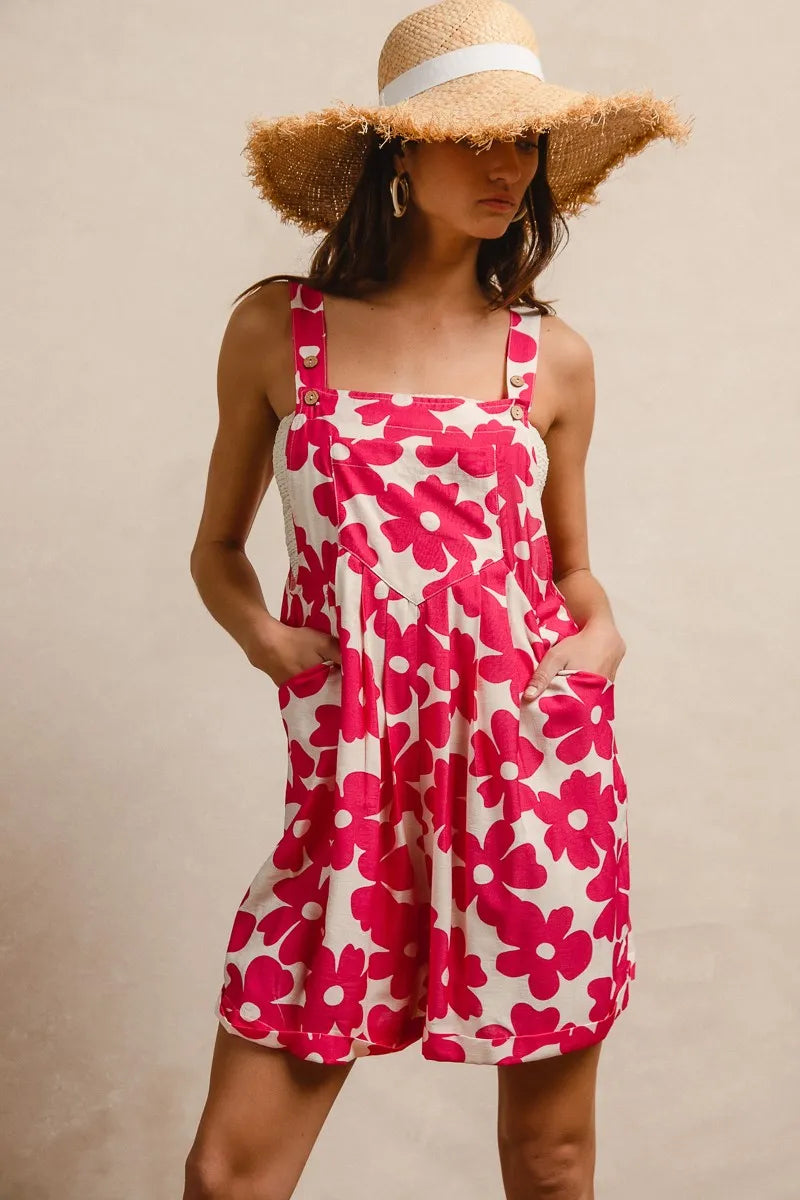 BiBi Floral Prints Tuck Detail Short Overall With Pockets Easy Apparels