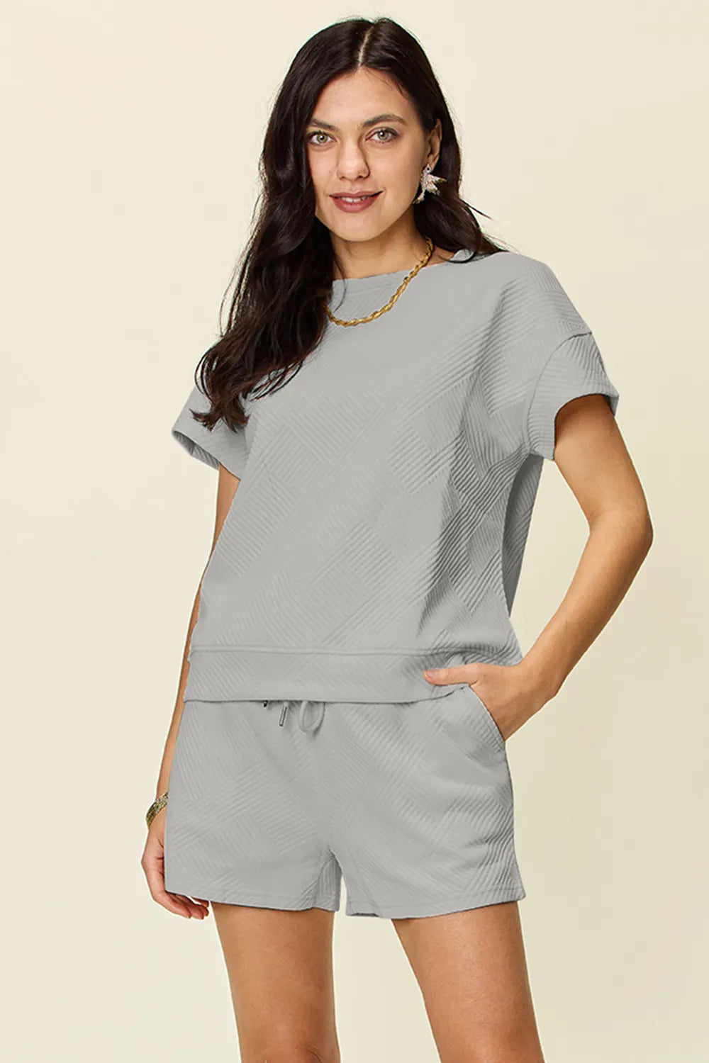 Double Take Full Size Texture Short Sleeve T-Shirt and Drawstring Shorts Set Light Gray Easy Apparels
