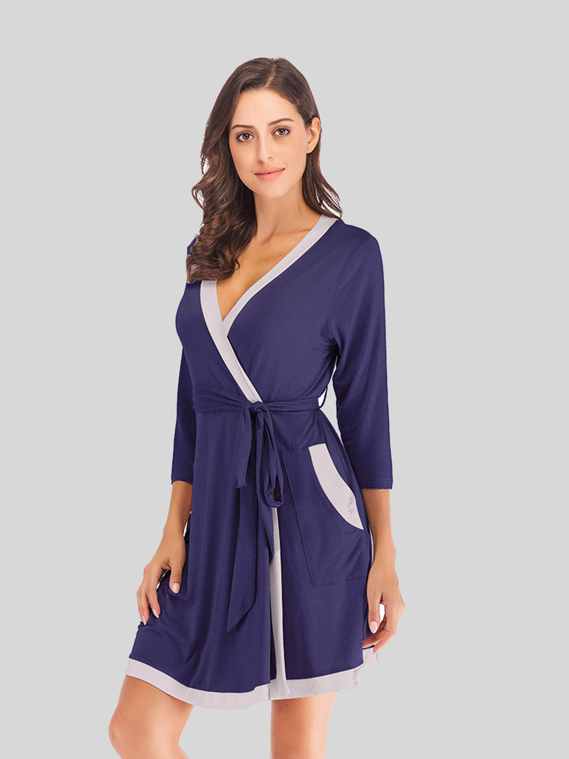 Tie Waist Surplice Neck Robe with Pockets Navy Easy Apparels