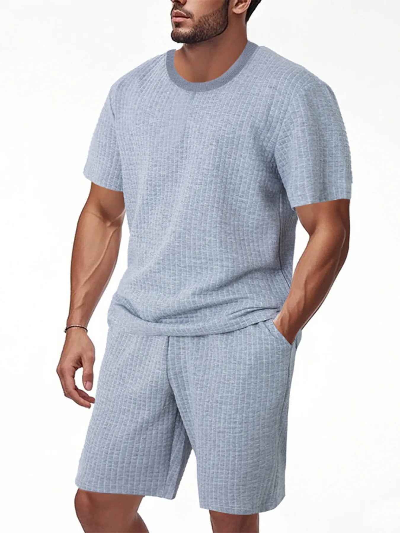 Men's Full Size Textured Round Neck Top and Shorts Set Plus SIze Easy Apparels