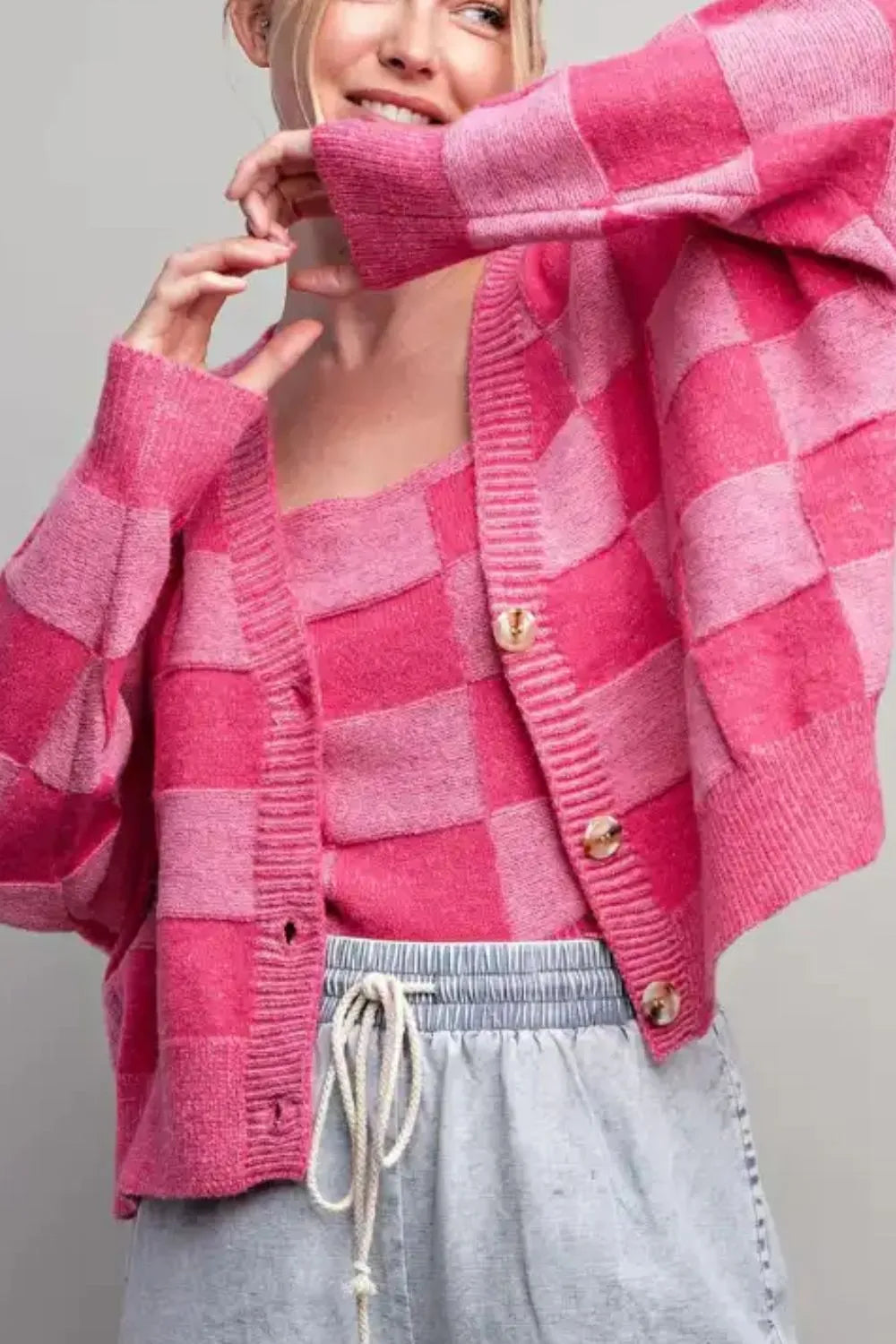 Checkered V-Neck Long Sleeve Cardigan Easy Apparels