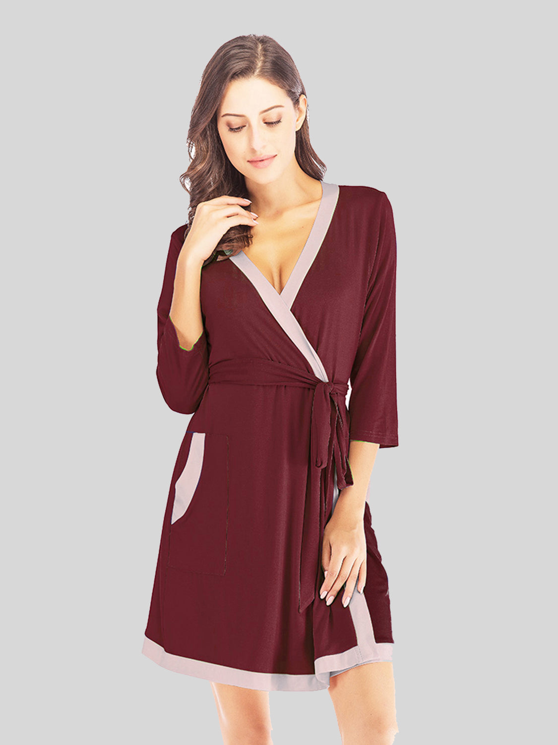 Tie Waist Surplice Neck Robe with Pockets Wine Easy Apparels