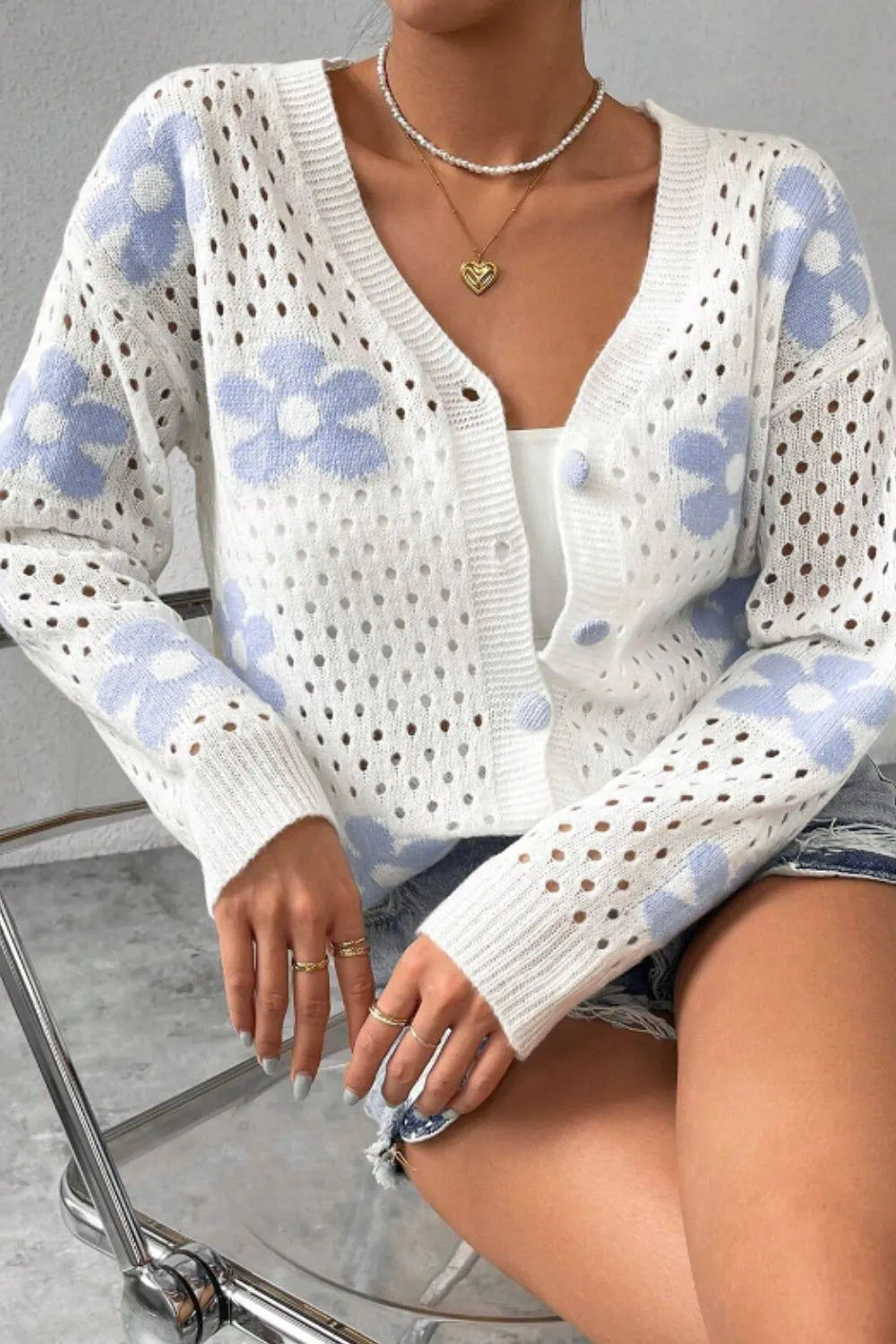 Flower Hollowed Out Button Down Long Sleeve Cardigan Easy Apparels
