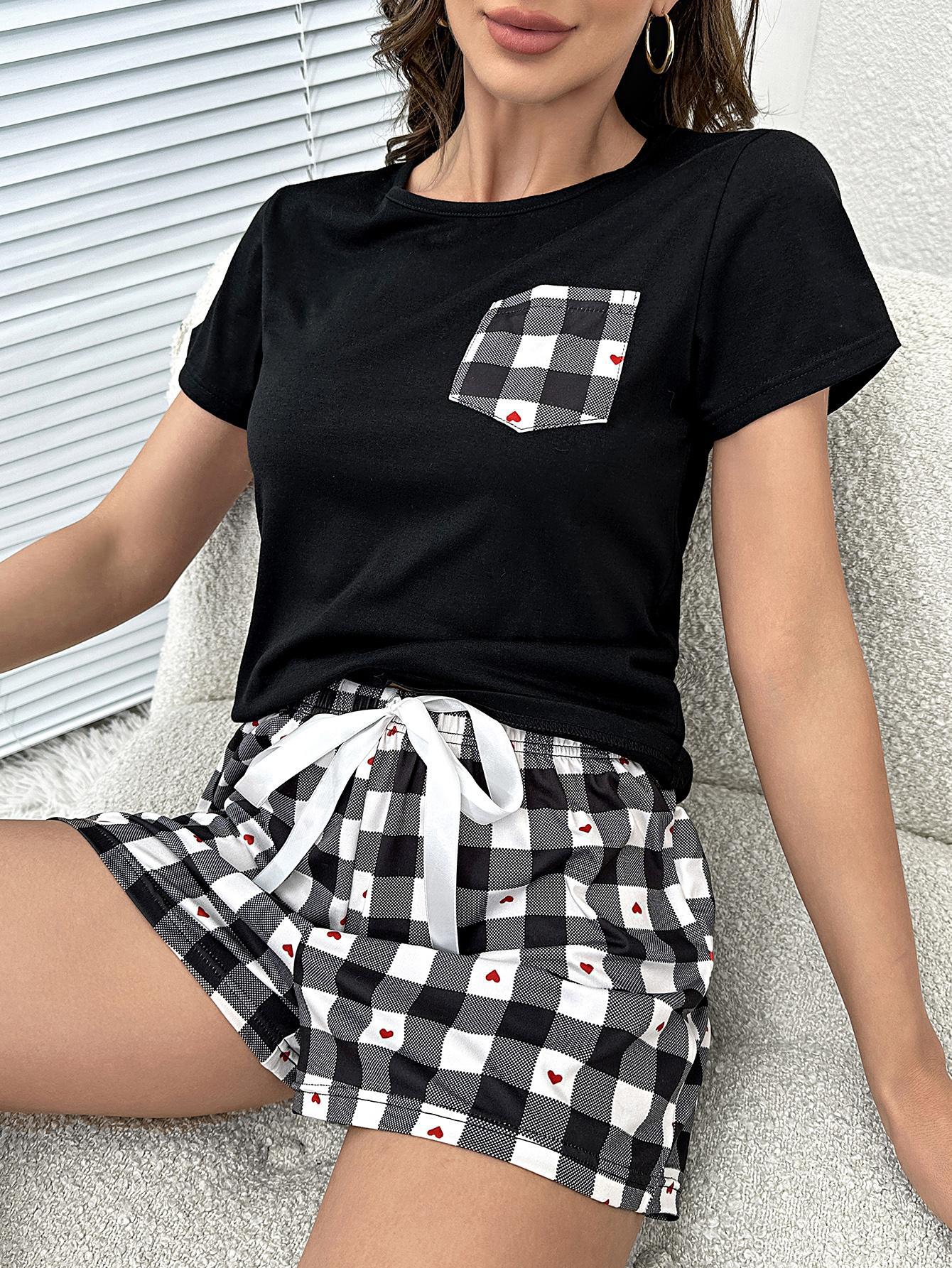 Plaid Heart Top and Shorts Lounge Set Easy Apparels