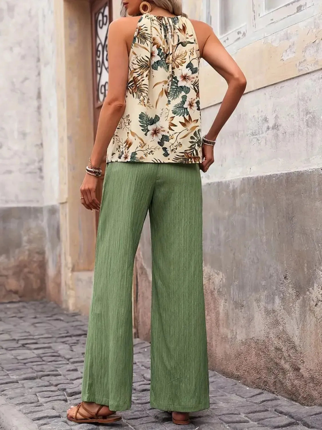 Printed Tank Top and Wide Leg Pants Set Easy Apparels