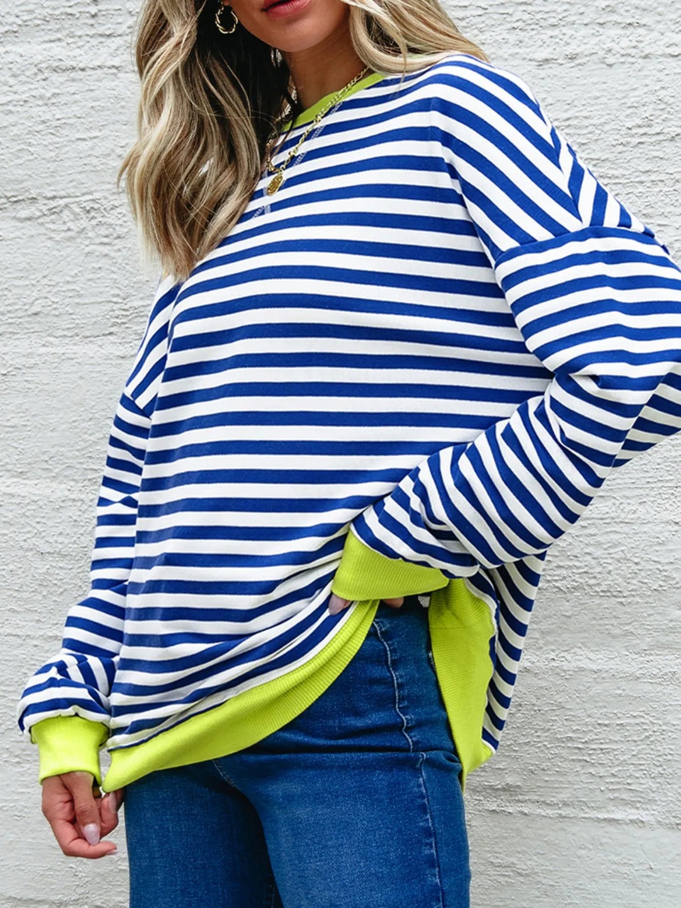 Trendsi Striped Contrast Ribbed Trim Drop Shoulder Sweatshirt