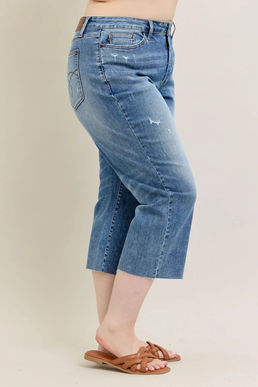 Judy Blue Plus Size High Waist Back Destroy & Raw Cut Hem Crop Wide Easy Apparels