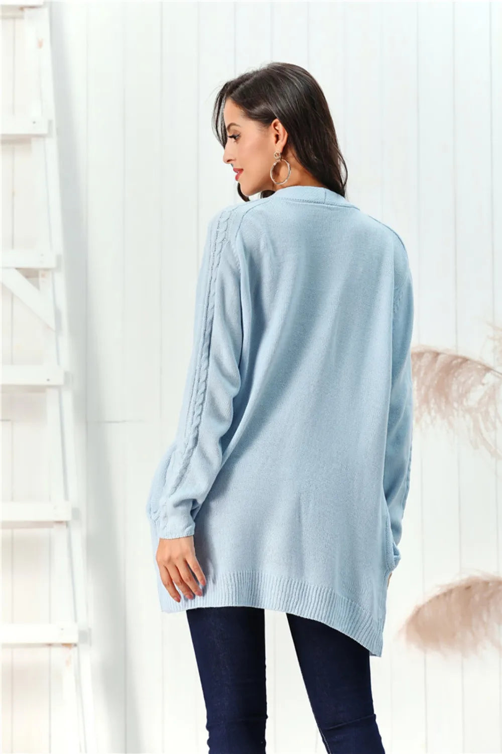 Cable-Knit Open Front Long Sleeve Cardigan Light Blue Easy Apparels