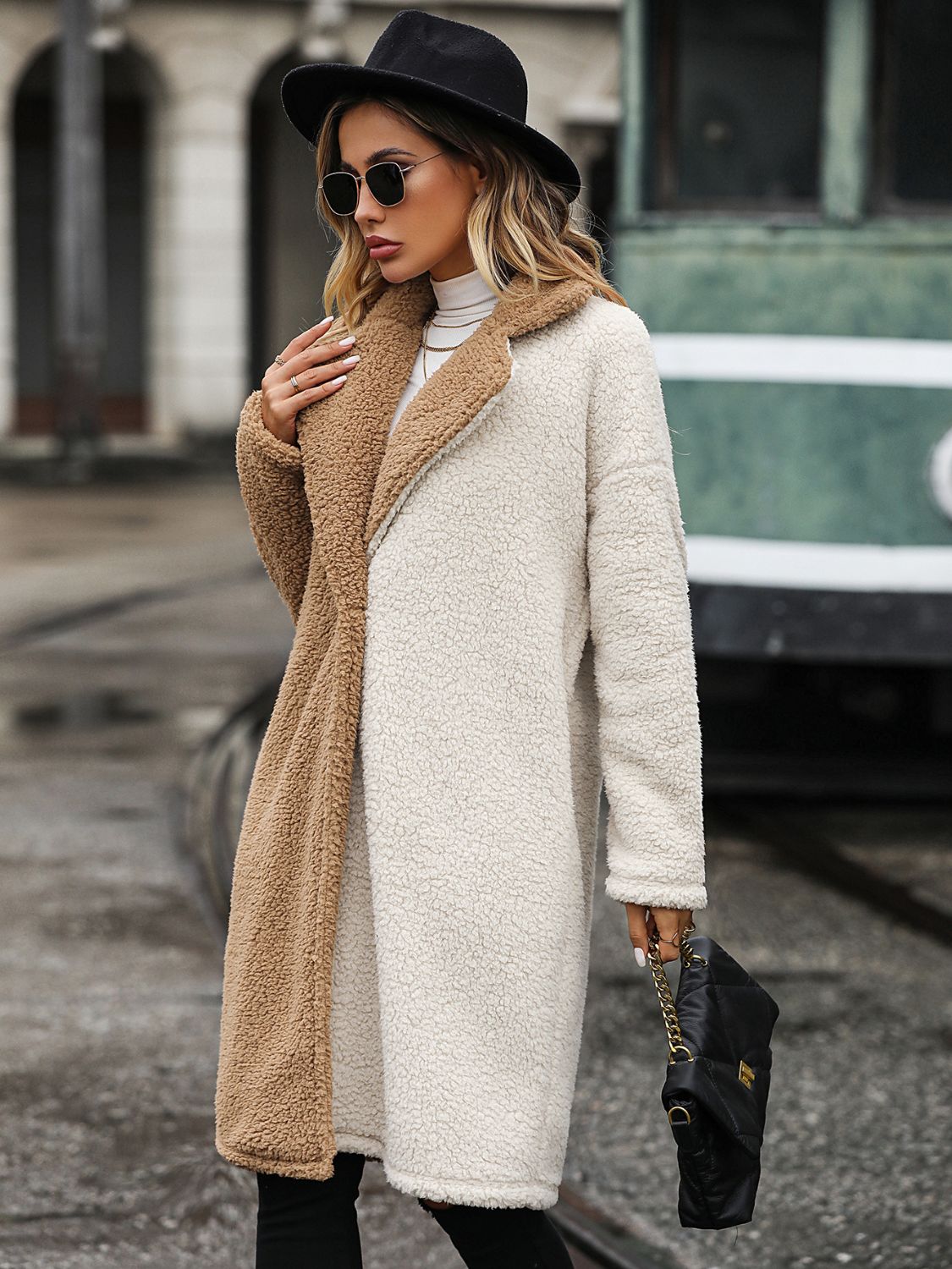 Contrast Dropped Shoulder Sherpa Coat Easy Apparels
