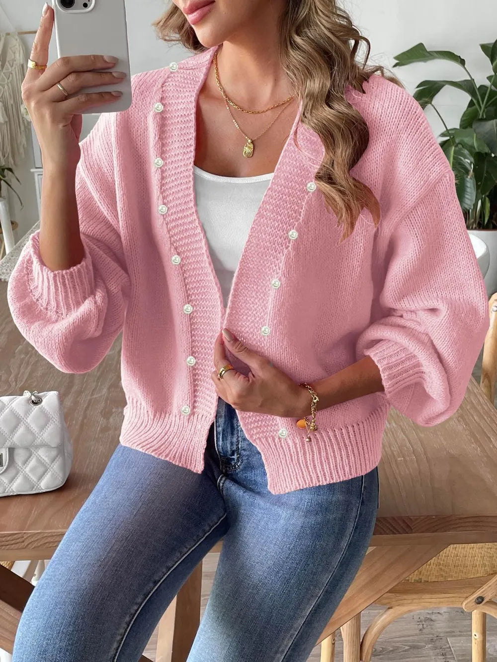 Pearl Open Front Long Sleeve Cardigan Blush Pink Easy Apparels