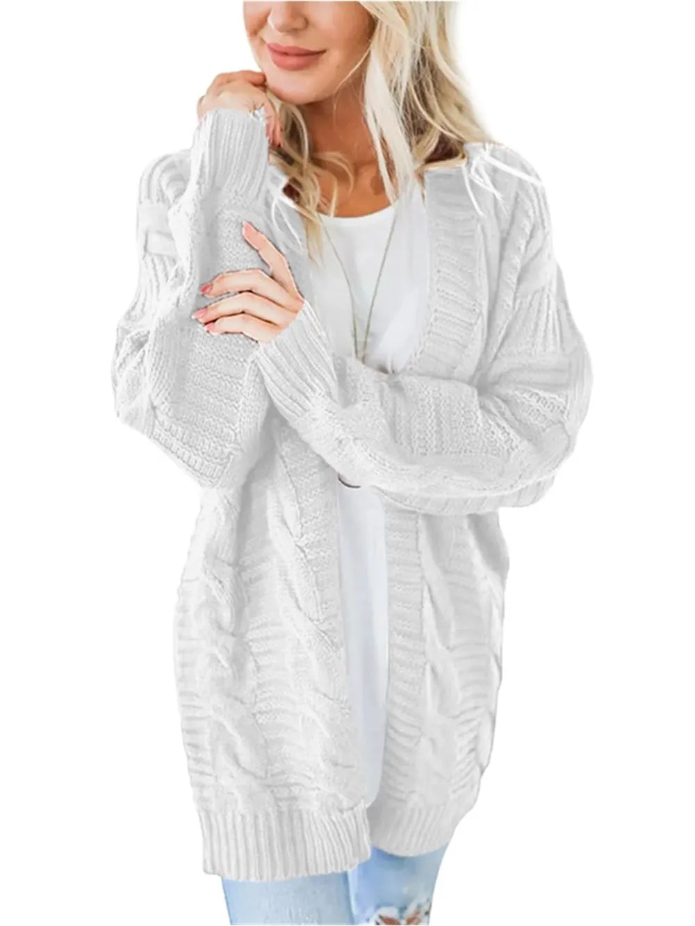 Cable-Knit Open Front Long Sleeve Cardigan Easy Apparels