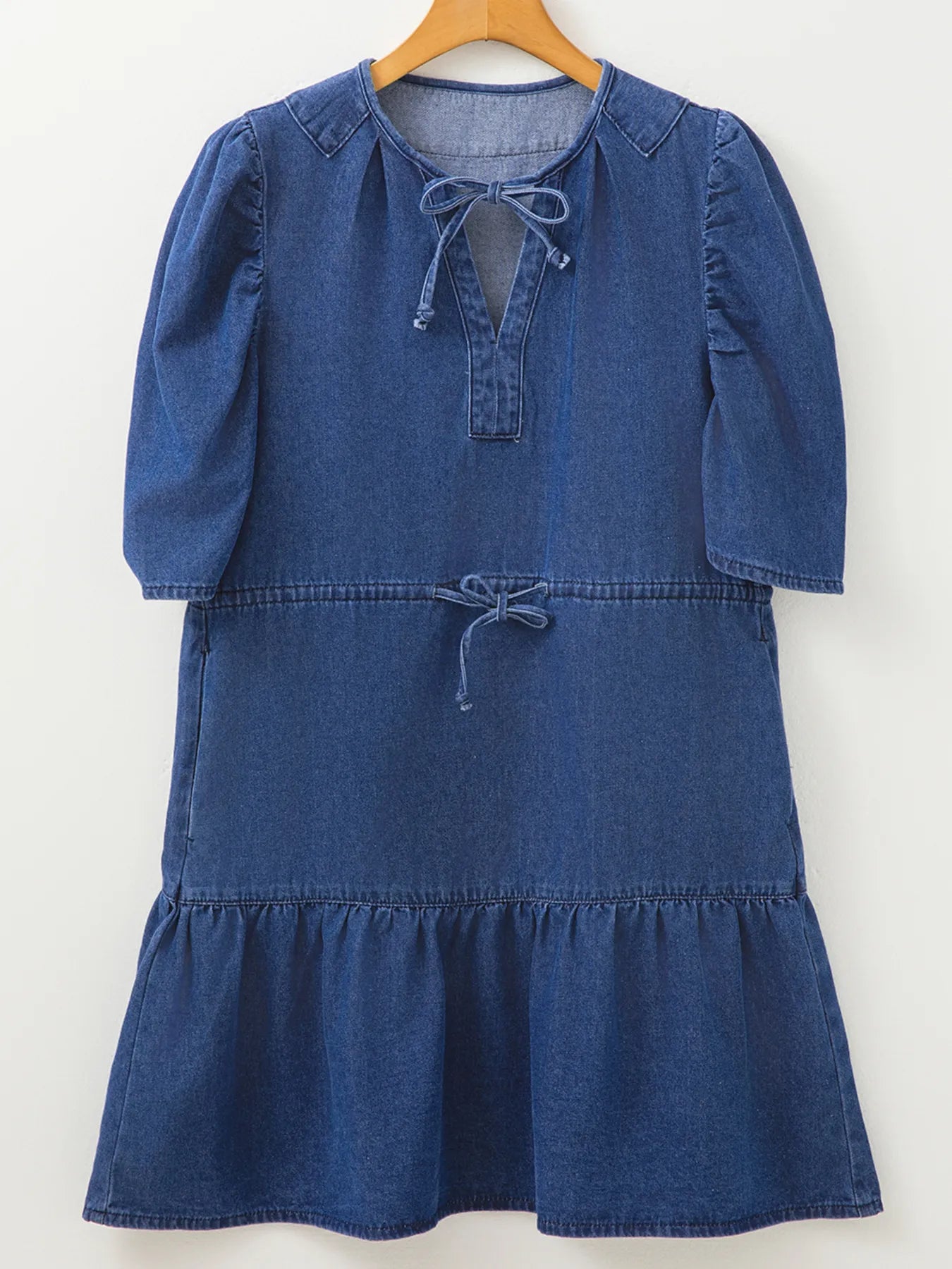 Drawstring High Waist Puff Sleeve Denim Mini Dress Easy Apparels