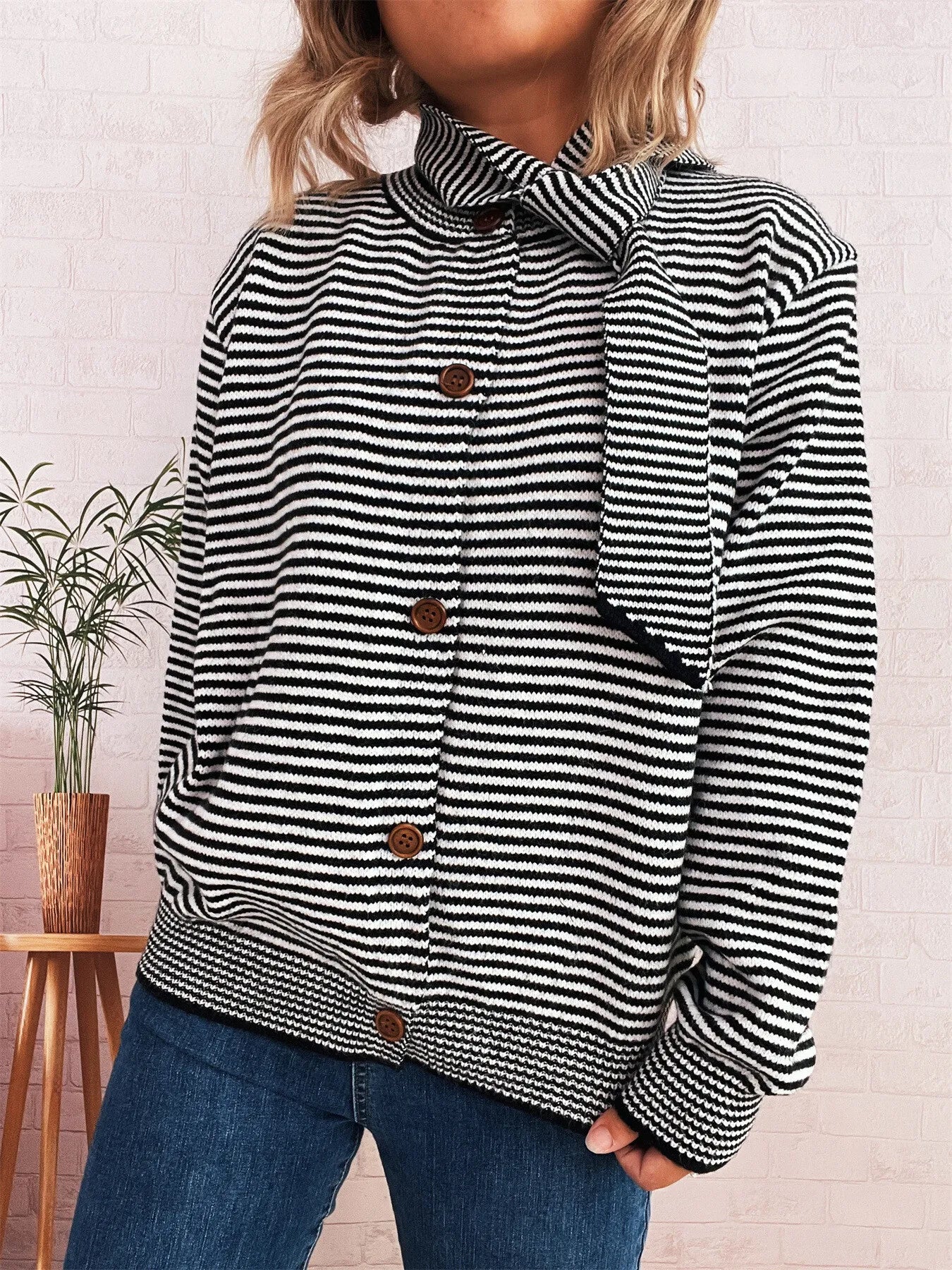 Striped Button Up Long Sleeve Cardigan Easy Apparels