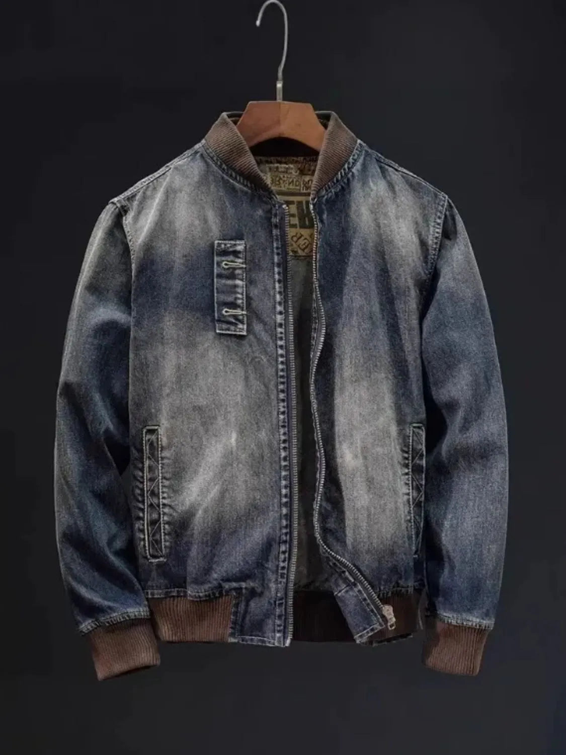 Men's Plus Size Button Up Washed Denim Bomber Jacket Blue Easy Apparels